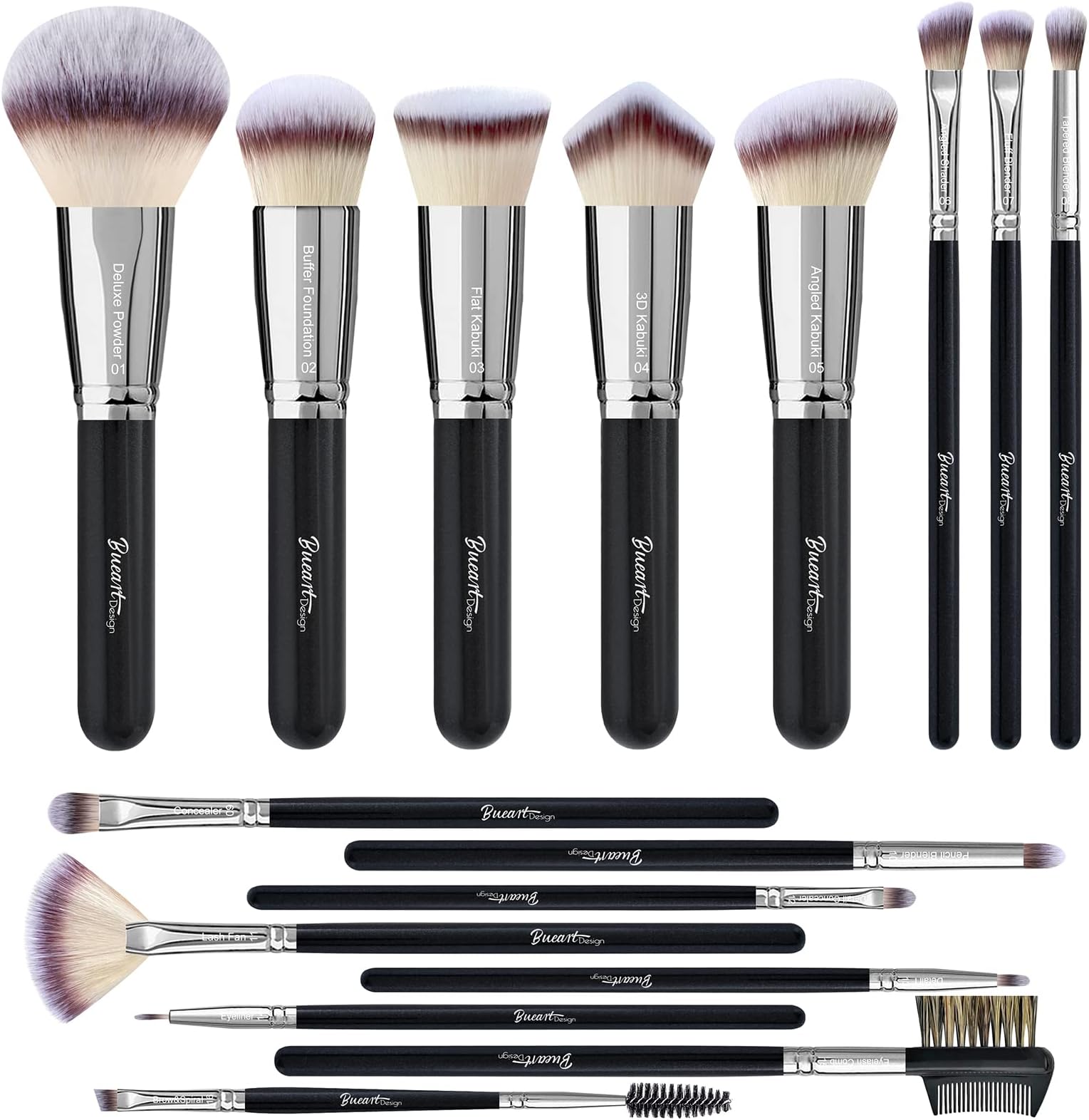 Bueart Design 16Pcs Ultra soft Essential Makeup Brushes set Professional makeup brush set with Premium vegan Hair for Foundation concealer eyeshadow face Contour Blush (16Pcs Pearl Black)