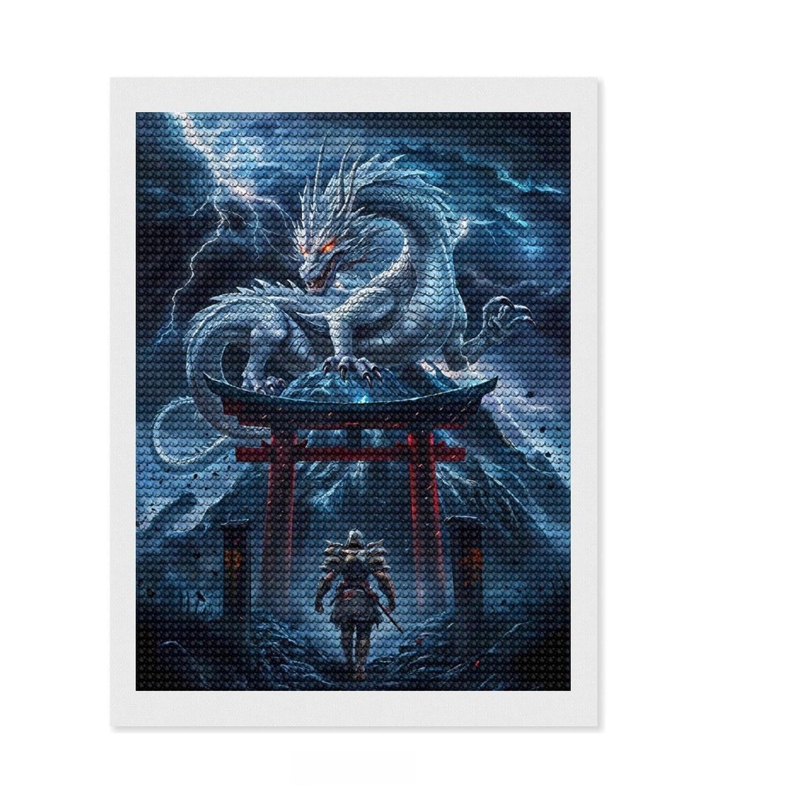 Junmoney Dragon Fighting Fantasy Diamond Painting Canvas Set 12"x16", Creative Leisure Activity, Vintage Style Decor, for Beginners, Birthday Gift