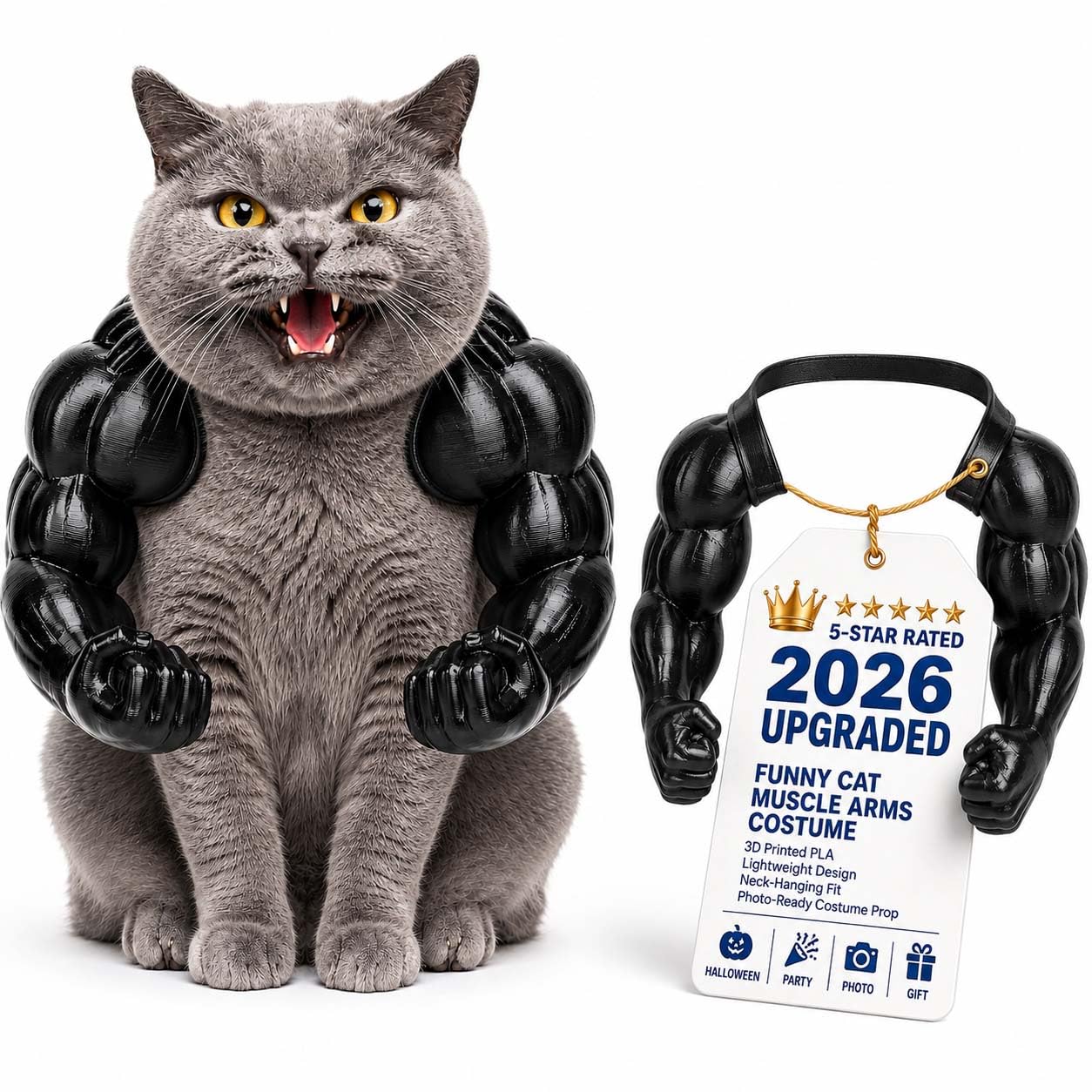 Cat Muscle Arms Costume Funny - 3D Printed Buff Cat Shoulder Outfit with Big Biceps Hands, Lightweight Neck Hanging Pet Costume for Cats & Small Dogs, Halloween Cosplay Photo (Black, M)