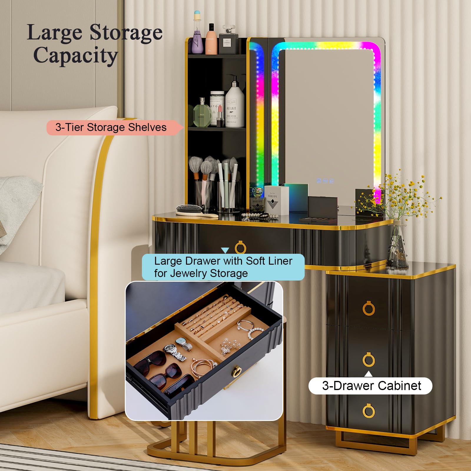 HOMASIS Toeletta Trucco con Luci a Led Colorate Regolabili, Postazione Trucco con Sgabello, Toletta da Trucco con Specchio con Porta USB e 4 Cassetti, 80 x 40 x 137 cm (Nero)