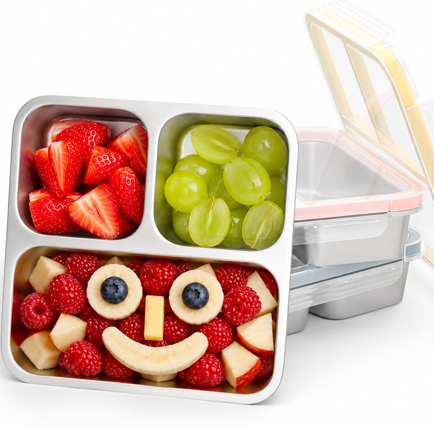 3 Pack Stainless Steel Snack Containers with Lids, 3 Compartments