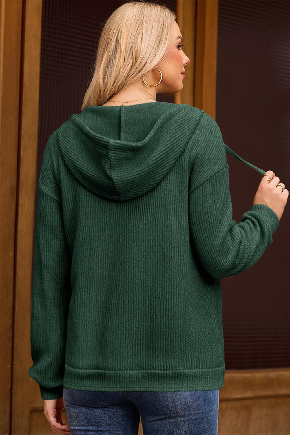 Dokotoo Womens Hoodies Oversized Sweatshirts Ribbed Knit Long Sleeve Drawstring V Neck Casual Pullover Sweatshirt Hooded Tops - Image 5