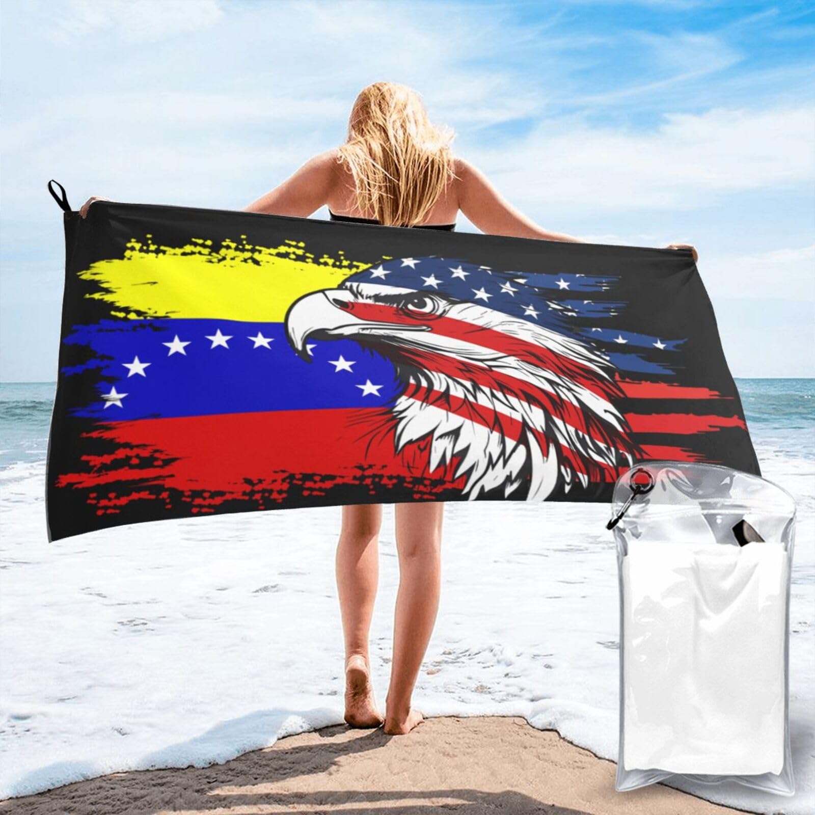 HACXZ America Flag and Venezuela Flag Microfiber Beach Towel Lightweight Absorbent Travel Pool for Men Women 31.5"X63"