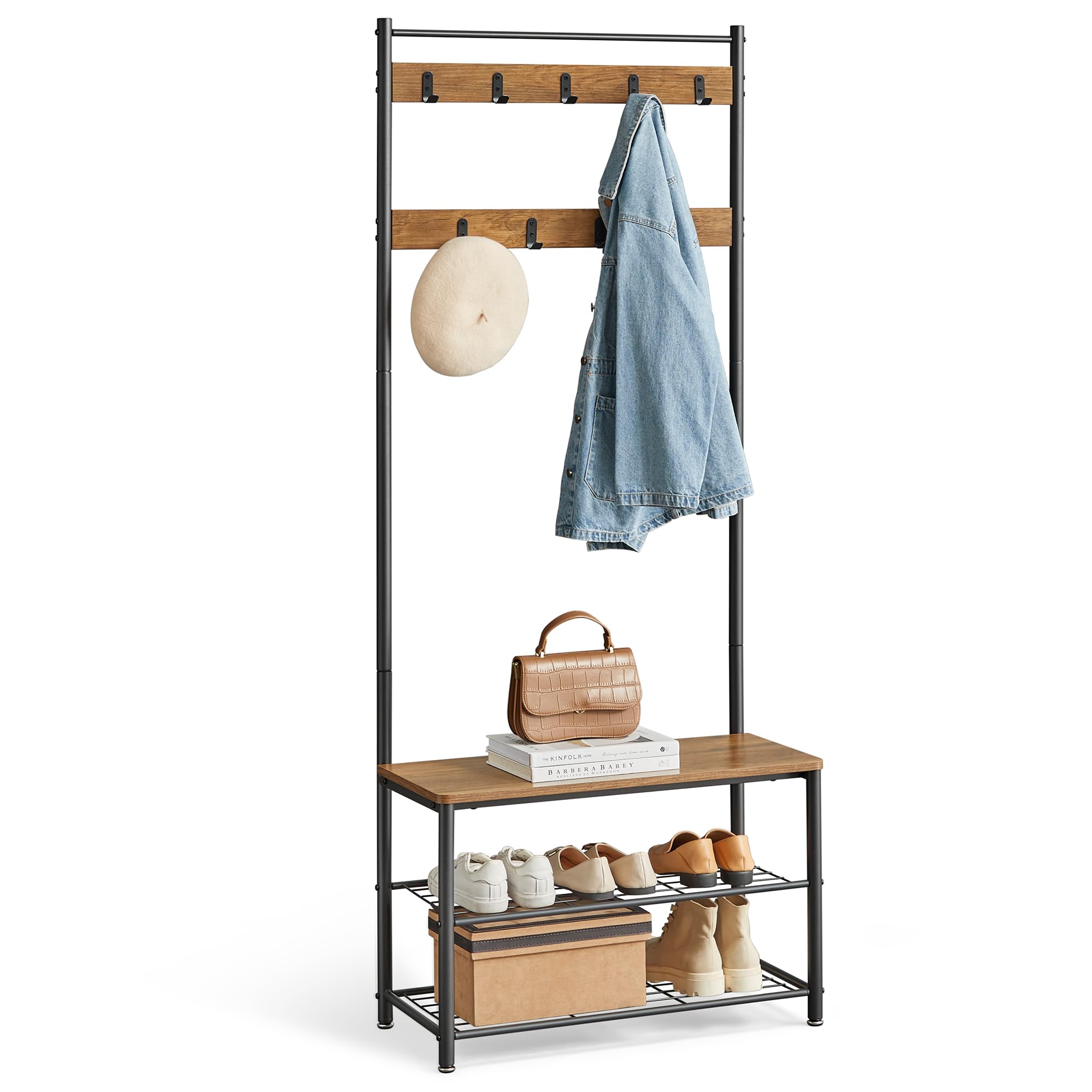 VASAGLE Coat Rack, Hall Tree with Shoe Storage Bench, Entryway Bench with Shoe Storage, 3-in-1, Steel Frame, for Entryway, 12.6 x 27.6 x 68.9 Inches,