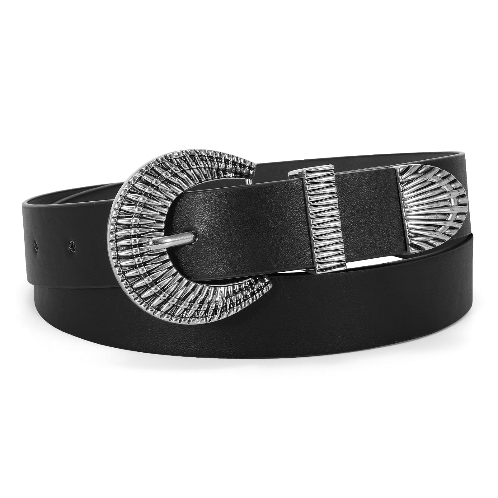 LEACOOLKEY Western Leather Belt for Women Vintage Design Buckle Waist Belt for Jeans Dress