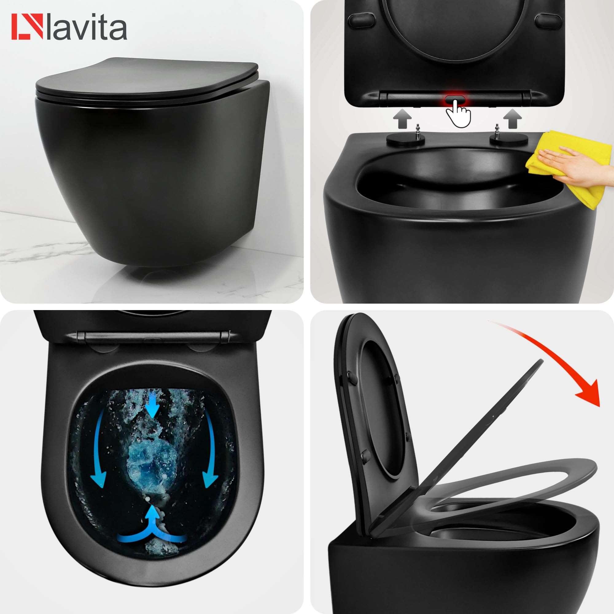 LAVITA | Elemento de pared Solido + pared colgante de inodoro Sinto negro sin borde + asiento de inodoro SoftClose | Botón dorado | Juego completo | cisterna empotrada | inodoro completo