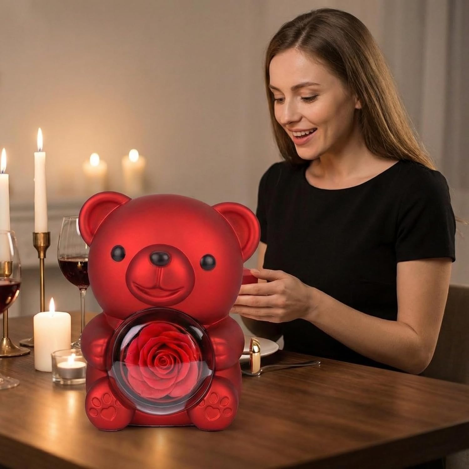 Leadigol Rotating Bear with Preserved Forever Rose - Surprise Hidden Jewelry Box Gift for Valentine's Day, Anniversary, Birthday, Mother's Day for Her(Red)