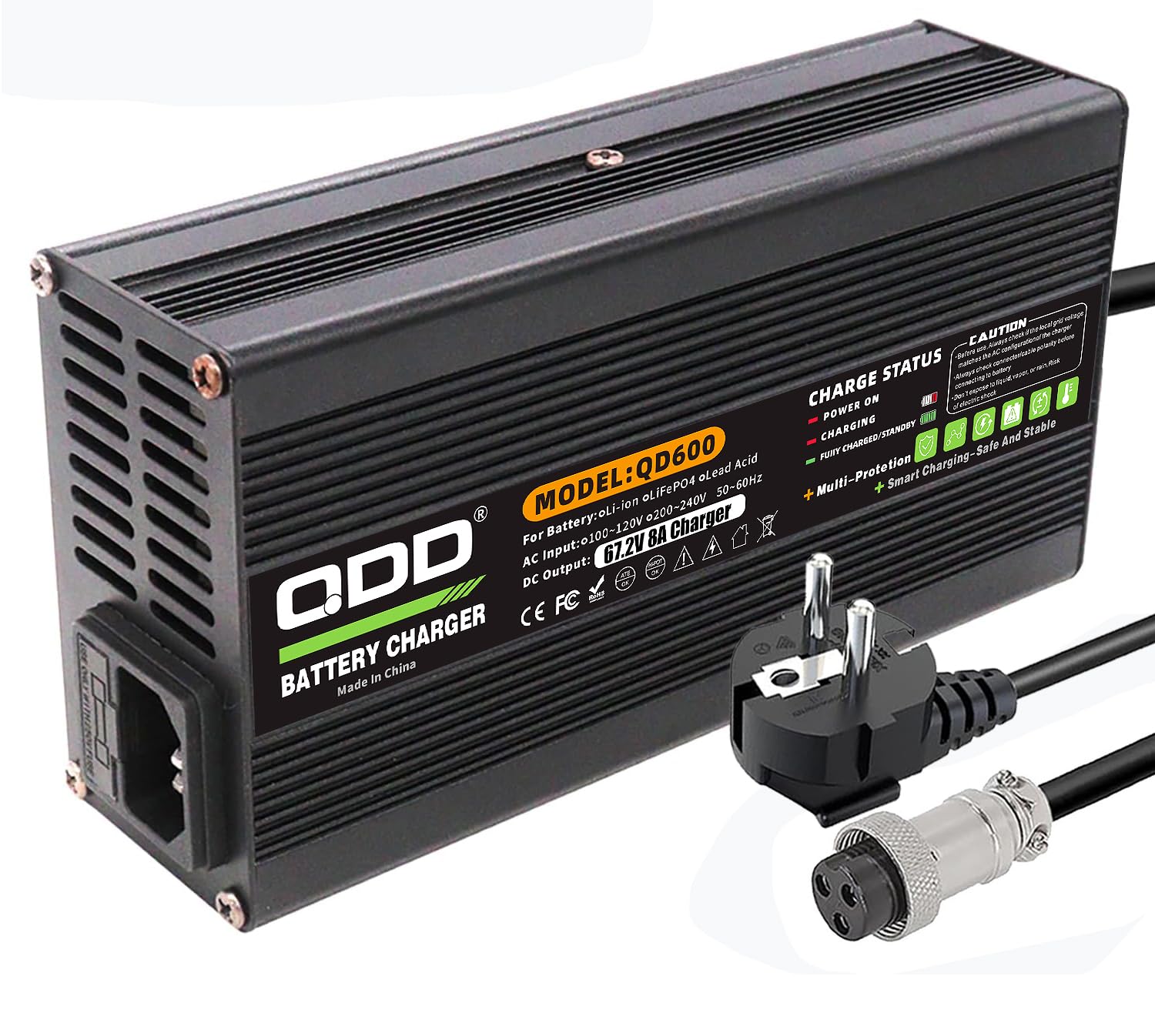 QDD Chargeur Intelligent De Batterie Li-ION 67,2 V 8 A avec Boîtier en Aluminium Noir et Sortie de Ventilateur de Refroidissement GX16 1+3 Prises pour Batterie Li-ION 16 S 60 V