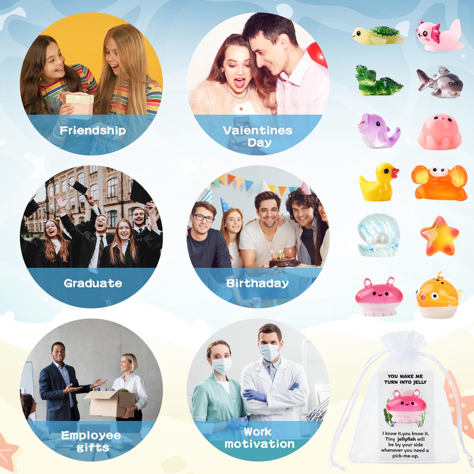 Briwooody 60 juegos de regalos de agradecimiento para empleados a granel para compañeros de trabajo, juego de regalo de agradecimiento de animales mixtos con juguetes de resina, tarjetas de notas