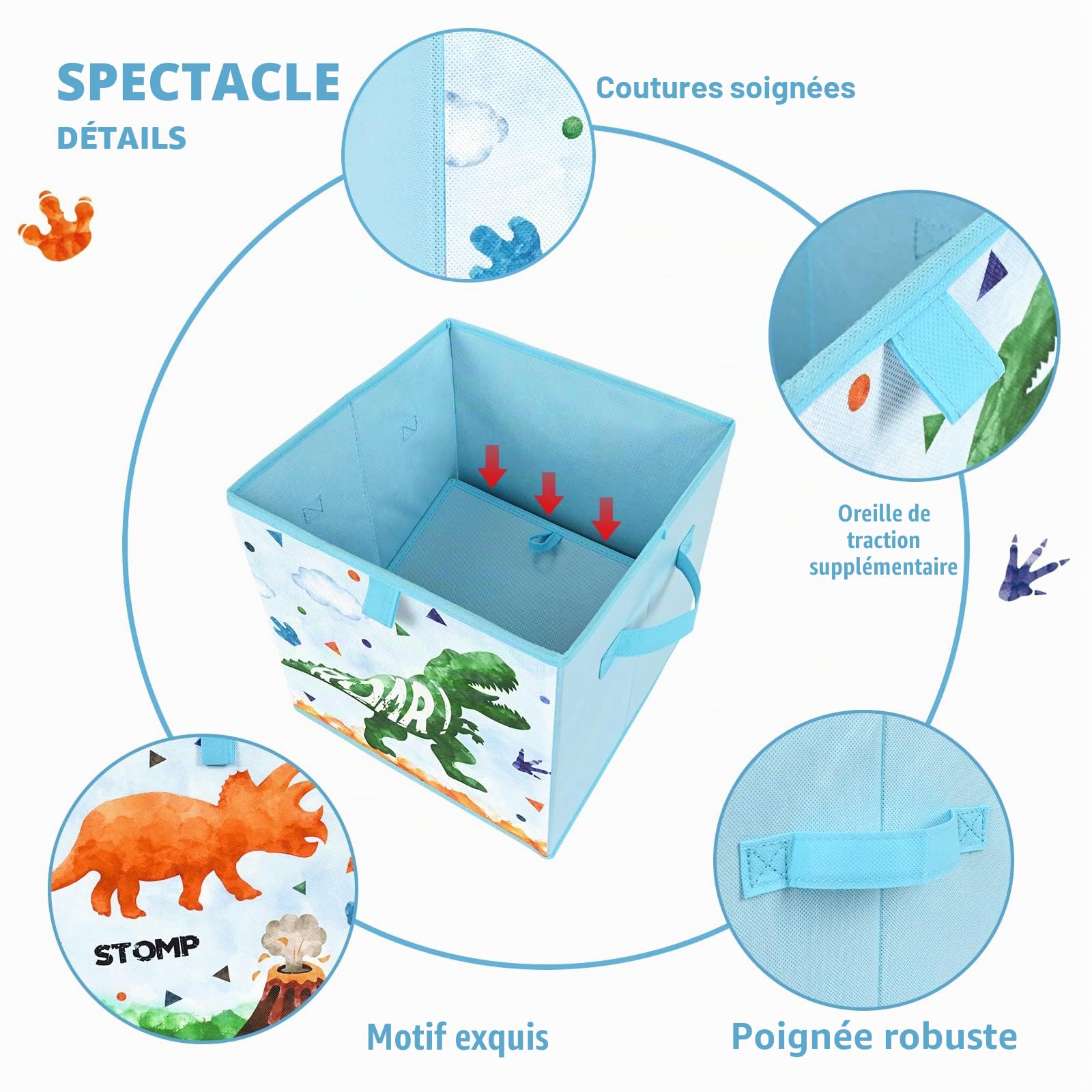 WERNNSAI Bacs Rangement en Cube Dinosaure – Lot 4 Cubes Rangement Pliables 28 cm en Tissu pour Enfant Bleu Paniers Rangement Décoratifs avec Poignées Maison Placard Chambre d'Enfant Chambre à Coucher