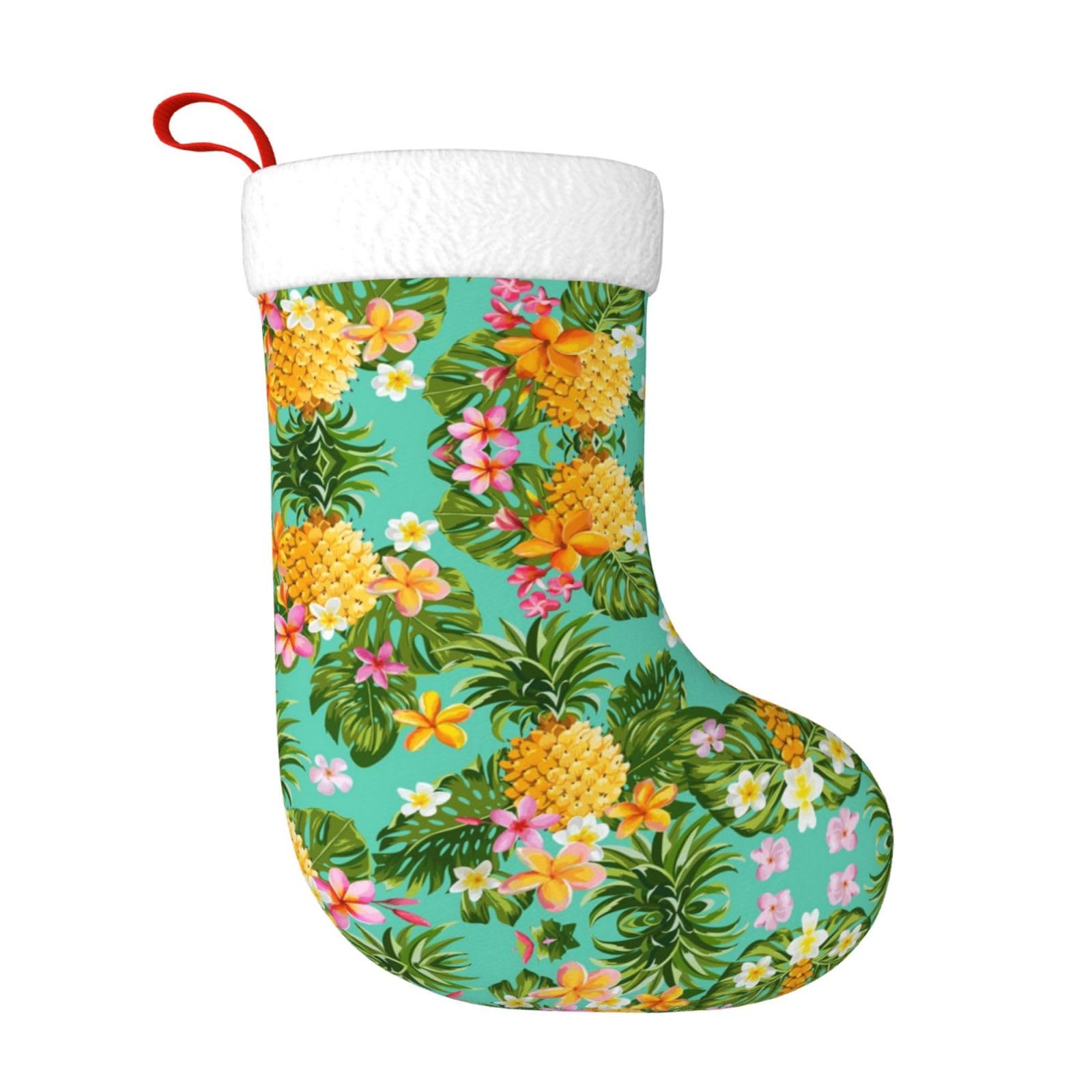 Hazure Black Tropical Fruit Pineapple Christmas Stocking Large 18" Personalised Print Fluffy Hanging Christmas Decorations Stocking