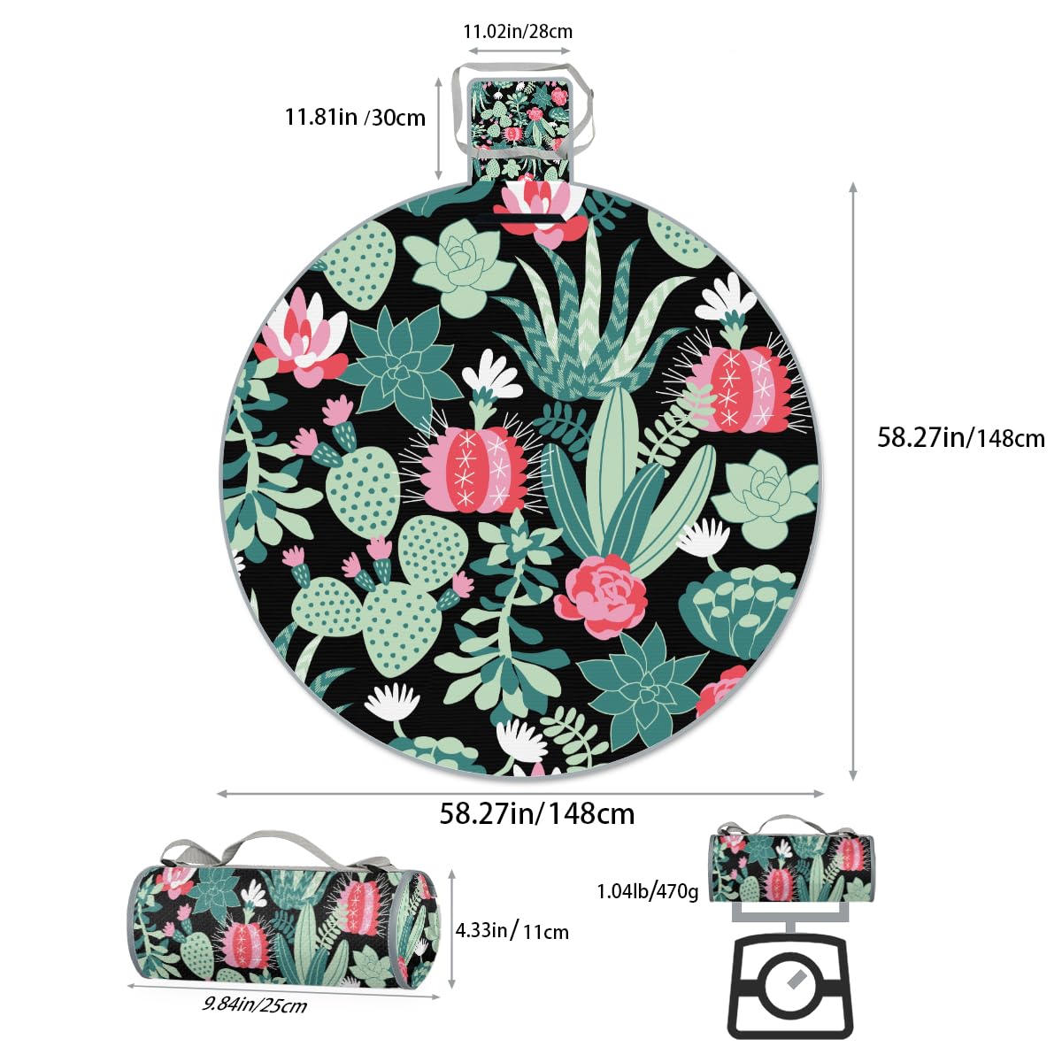 Shimoshe Cactus Flower Picnic Outdoor Blanket Foldable Waterproof Sandproof Beach Blanket Portable Water-Resistant Round Picnic Mat for Travel Camping Park Lawn