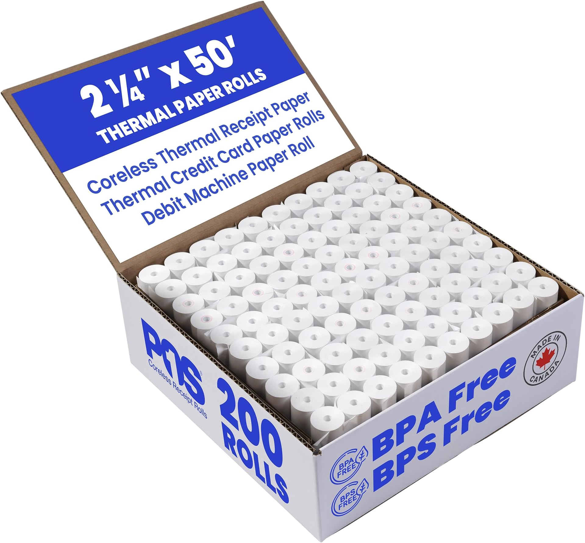 2 1/4 x 50 ft 200 Rolls CORELESS BPA Free BPS Free Thermal Paper Rolls debit & credit
