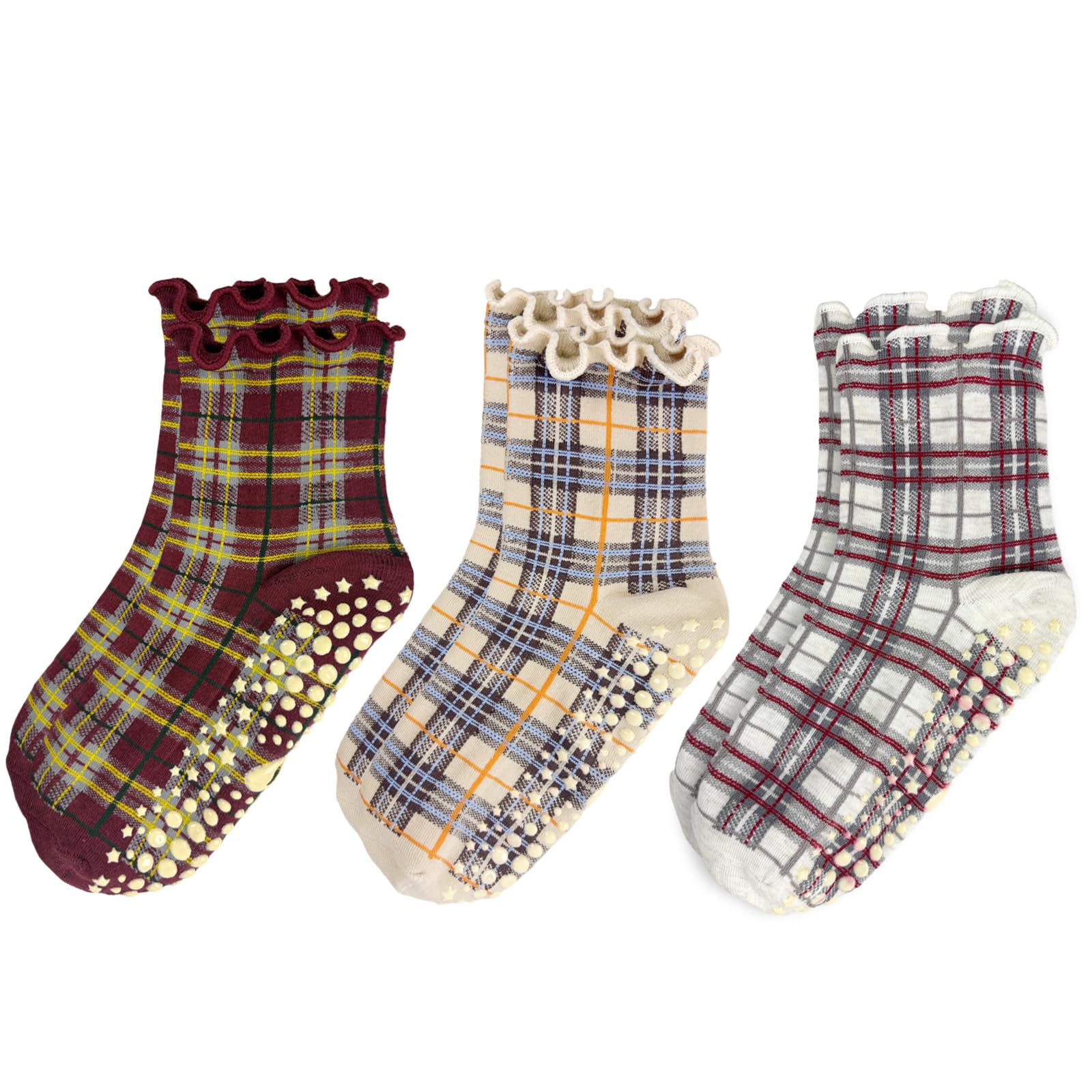ERMO NKES 3 Pairs Pilates Grip Ankle Socks for Women – Cute Plaid Ruffle Yoga Socks, Non Slip Barre Grip Socks