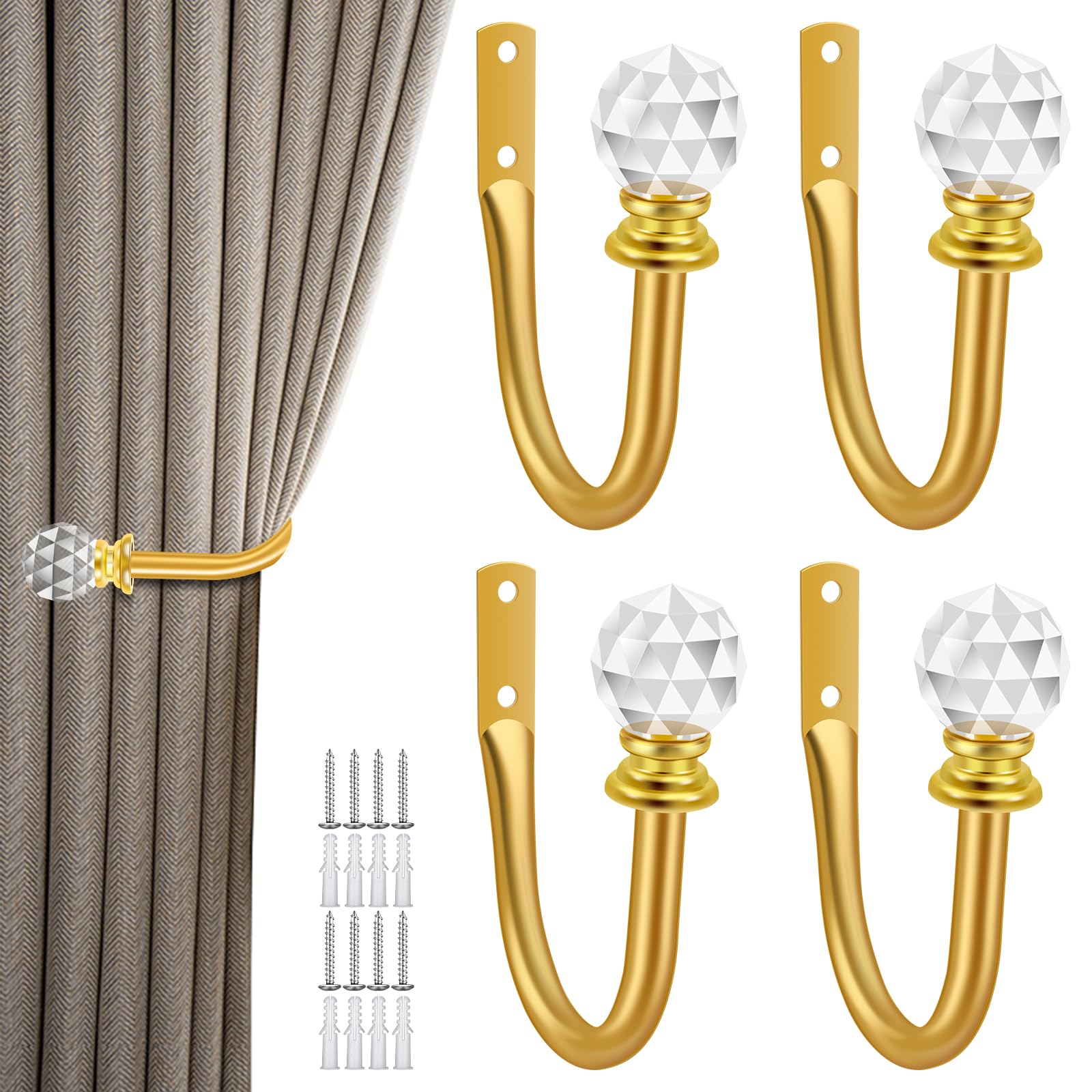 4 Pcs Metal Curtain Holdbacks with Acrylic Crystal Ball, Curtain Tieback Hooks, Wall Mounted Window Curtains Holder Hooks, Drapery Holdbacks for Fixed Curtains or Hanging Items(Gold)