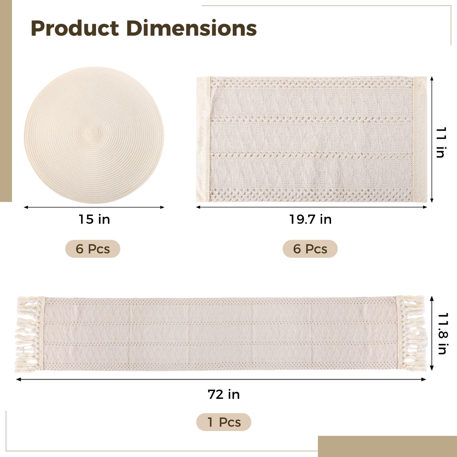 Lot de 6 sets de table ronds tissés - 6 sets de table ronds tissés - 6 sets de table en coton et lin - 1 chemin de table en macramé avec pampille - Résistants à la chaleur et antidérapants - Style