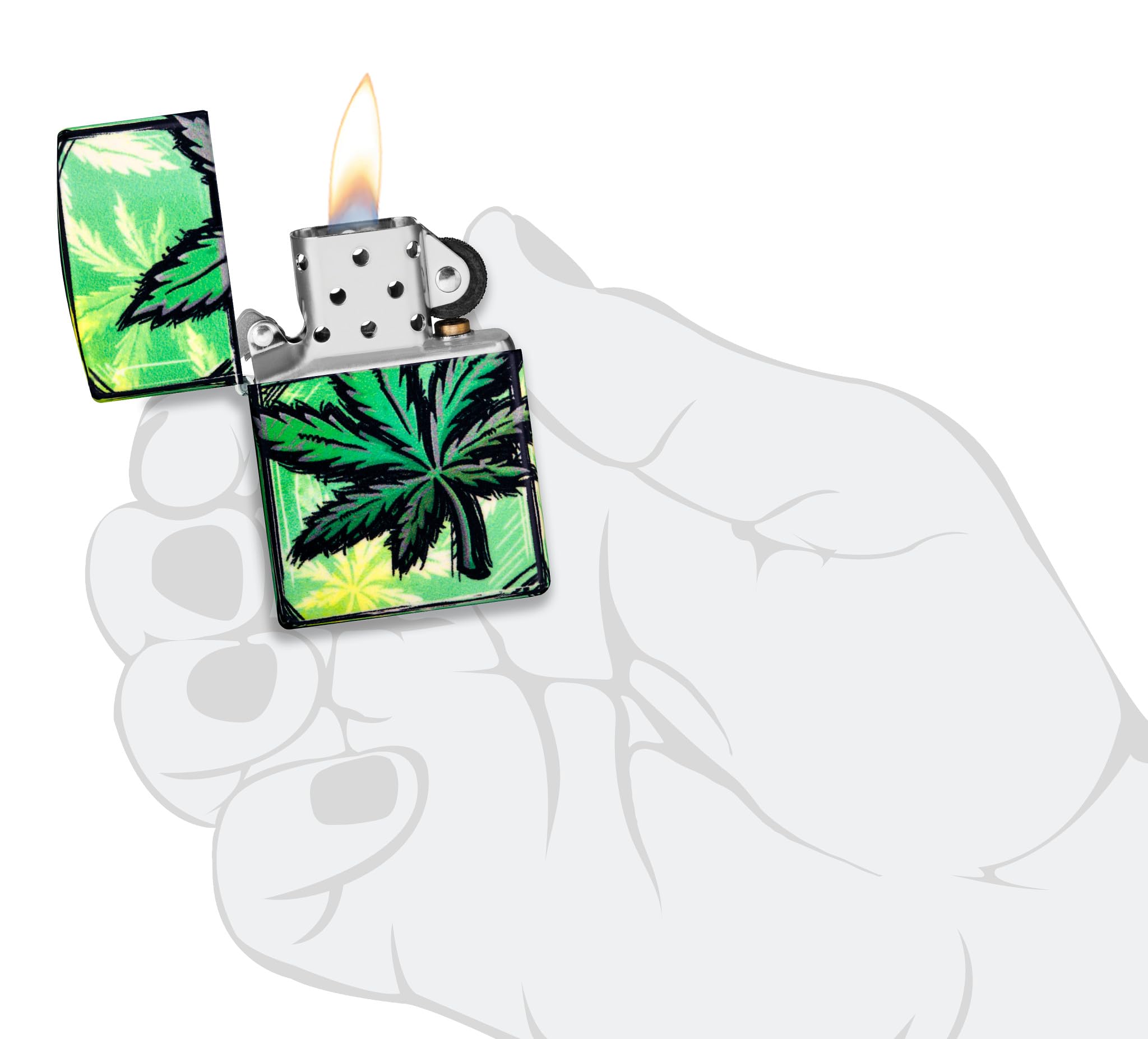 Zippo Sturmfeuerzeug - Glowing Cannabis, 540° Glow-in-The-Dark, Color Image - Nachfüllbar - Wiederverwendbar - Windfestes Design - Geschenkbox - Made in USA