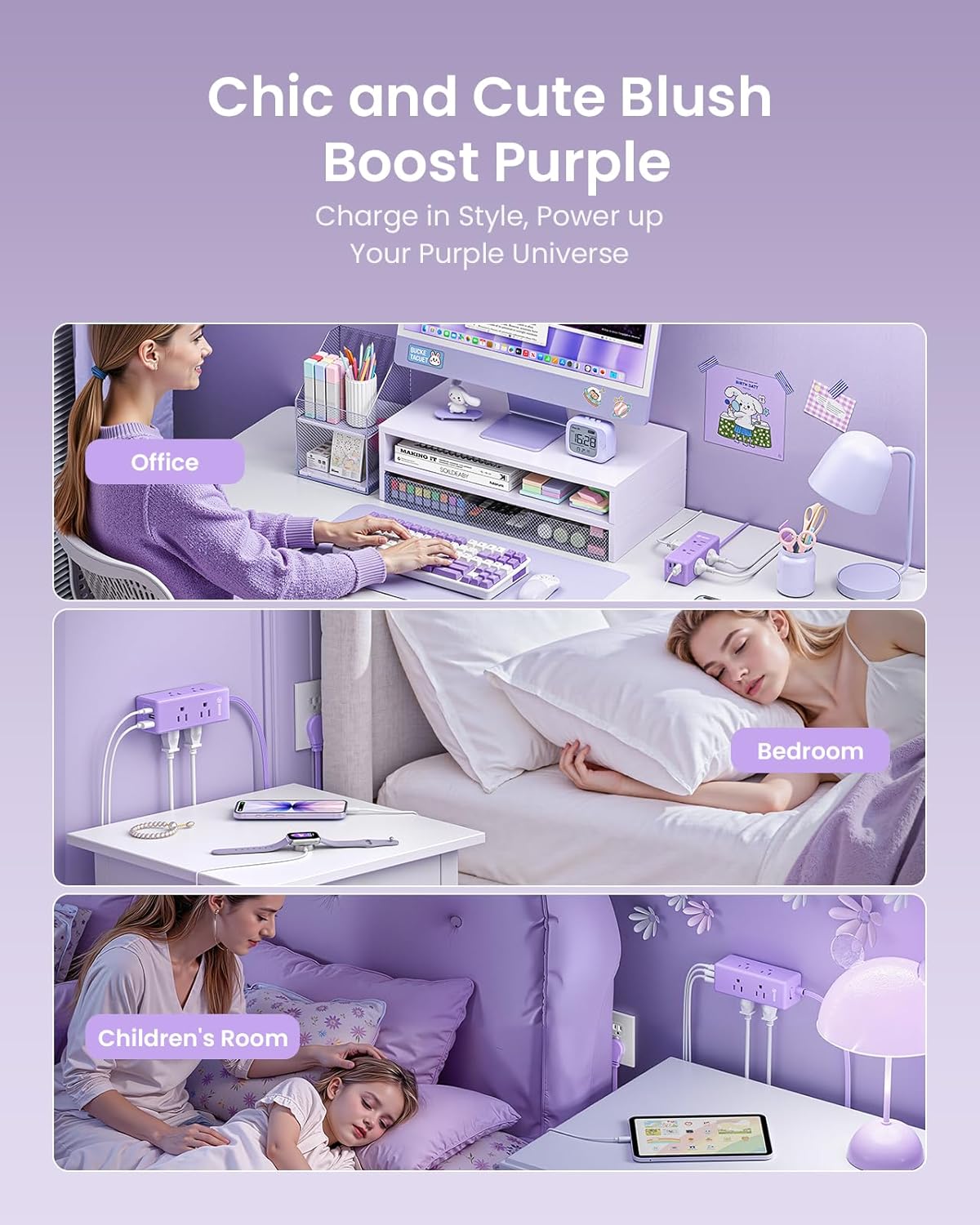 Purple Extension Cord 10 ft,HONIZER Power Strip Purple,6 Outlets & 3 USB Ports (1 USB-C), Flat Extension Cord for Home Office Dorm Desk Accessories