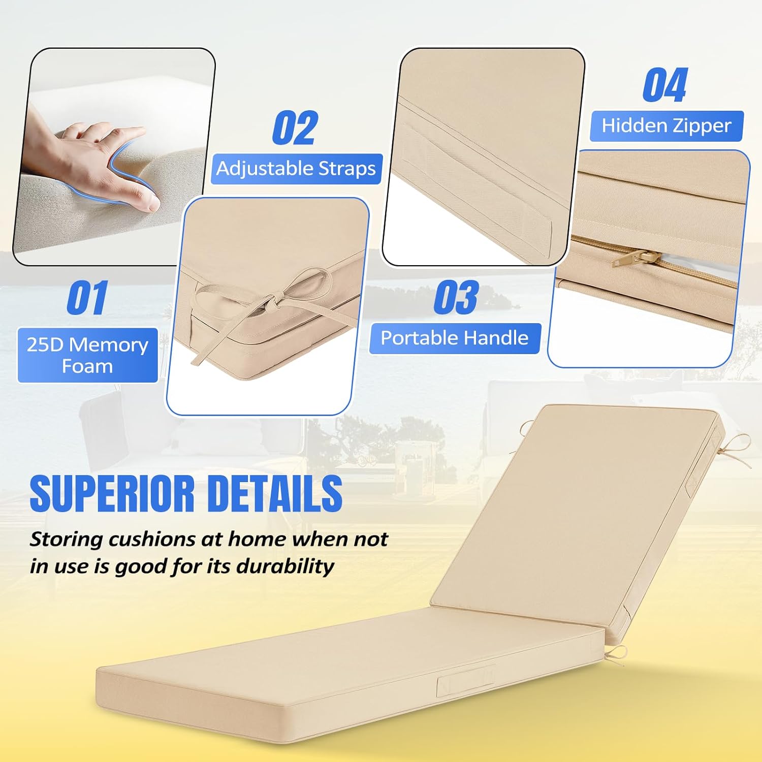 Basic Beyond Chaise Lounge Cushions Outdoor, 3-Layer Waterproof Outdoor Furniture Cushions with Removable Cover and 4 Ties, 72"x21"x3" Patio Lounge Chair Cushions for Outdoor Furniture, Beige