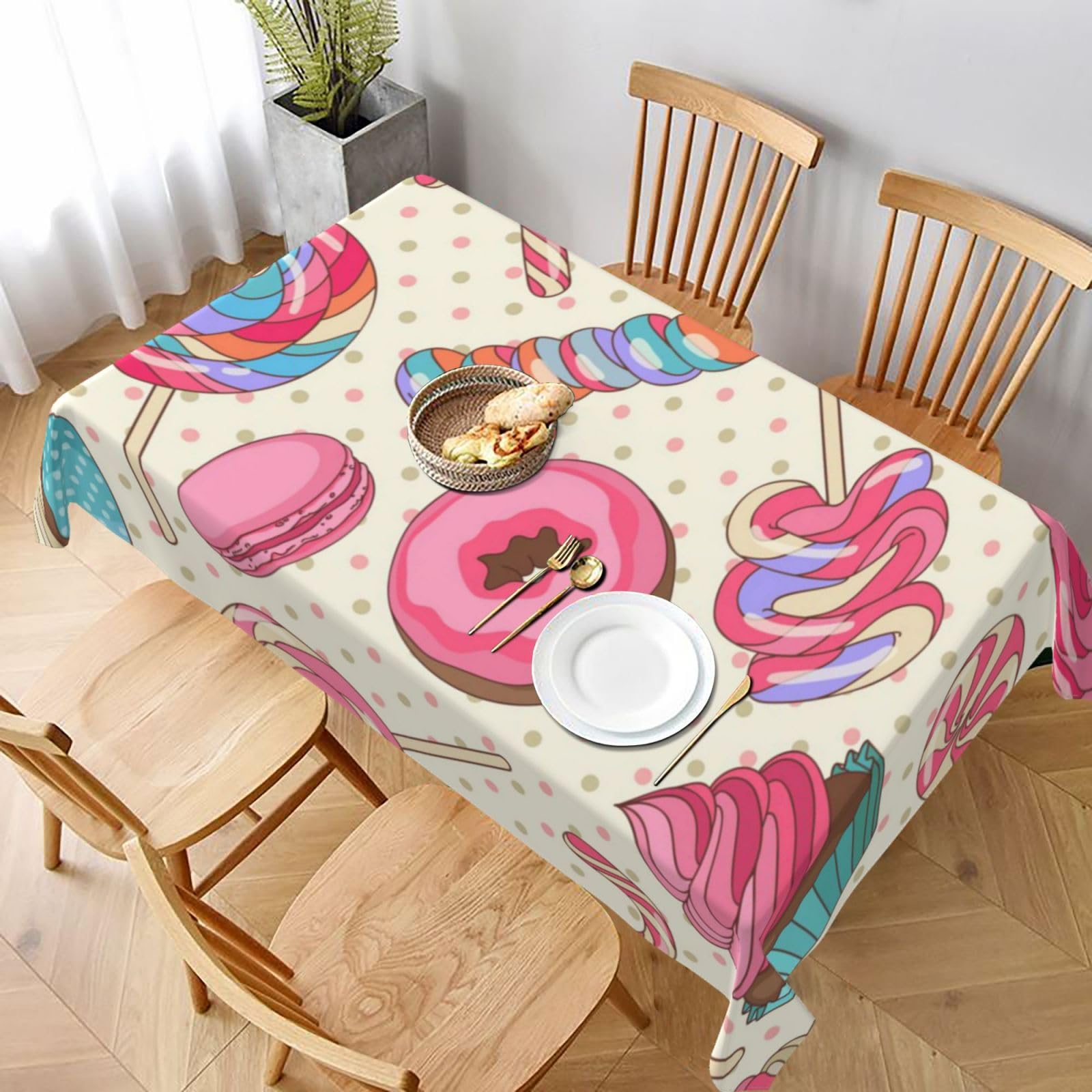 BNVSADC Colorful Sweet Lollipop Cupcake Donut Printed Rectangle Tablecloth 228x152 CM, Water Resistant Polyester Table Cloth Decorative Fabric Table Covers for Kitchen Dining Table Parties Camping