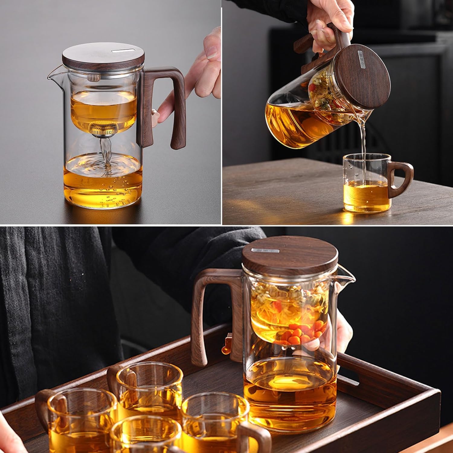 Water Separation Glass Teapot with Wooden Handle, Enchantipot Magic Tea Pot, Magical Teapot Glass with Infuser, Clear Tea Pot with Strainer, Tea Separation Filtration Glass Tea Pot
