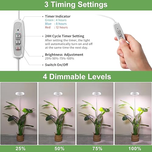 Miniatura 5 de LBW Grow Lights for Indoor Plants, 144 LEDs Full Spectrum Plant Light, Large Plant Lamp with 4 Dimmable Levels, 4/8/12H Auto Timer, Height Blanco
