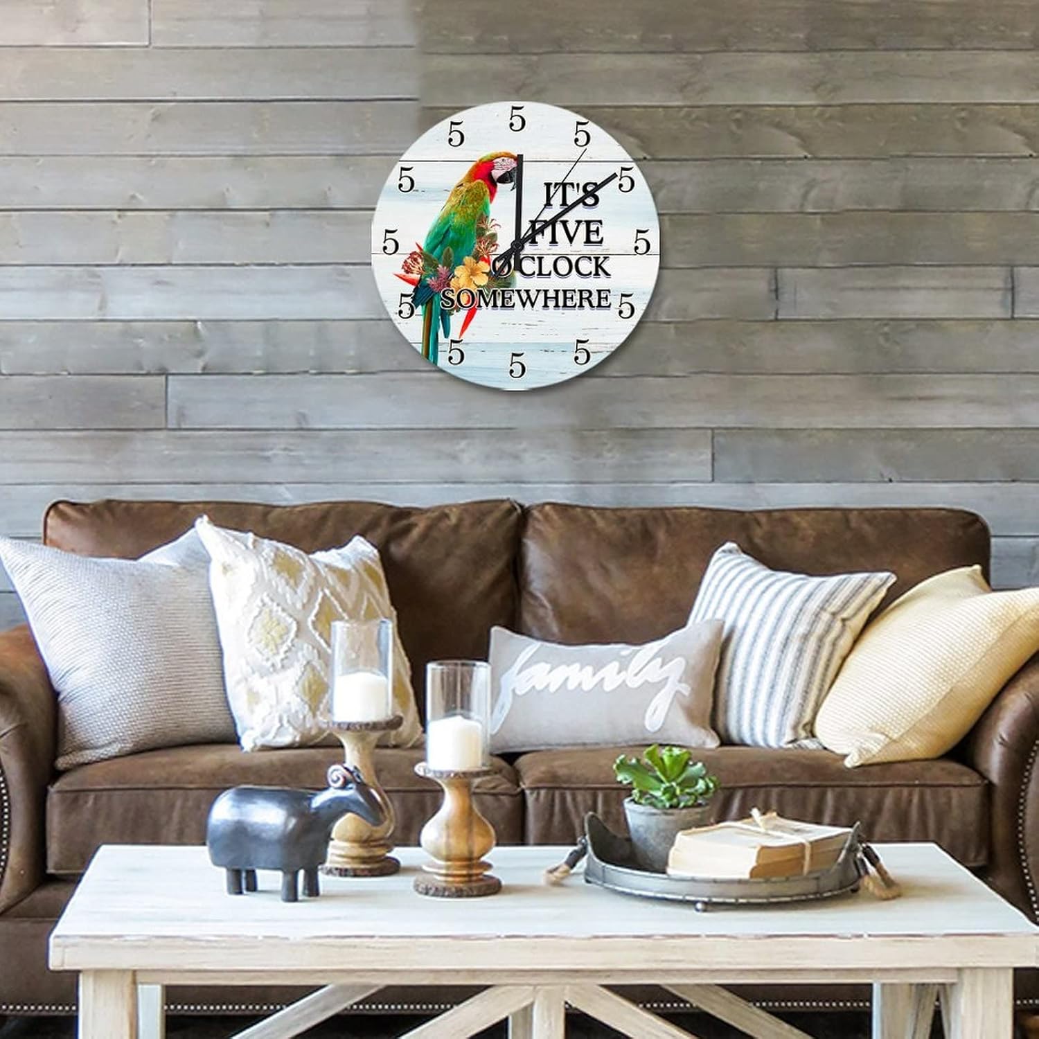 Wall Clocks It's 5 O'Clock Somewhere Parrot Indoor Wall Clocks Quartz Analog Quiet Bird Tropical Fruit Round Clock for Farmhouse Living Room Bedroom Kitchen Home 15 Inch