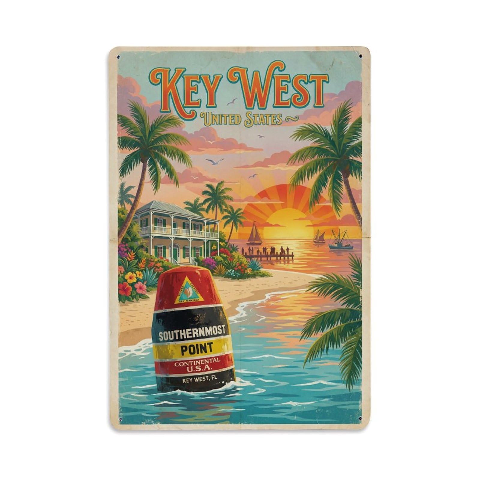 Vintage USA Key West Travel Metal Tin Sign