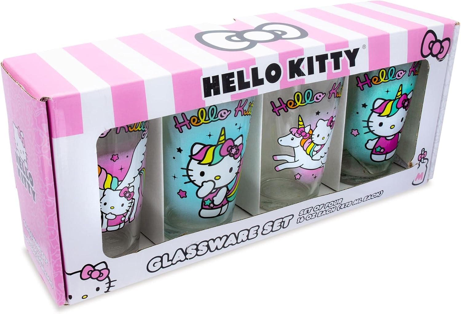 Hello Kitty Sanrio Unicorns Pint Glasses, Set of 4 | Beer Mug Tumbler For Liquor, Pub Drinks | Each Holds 16 Ounces
