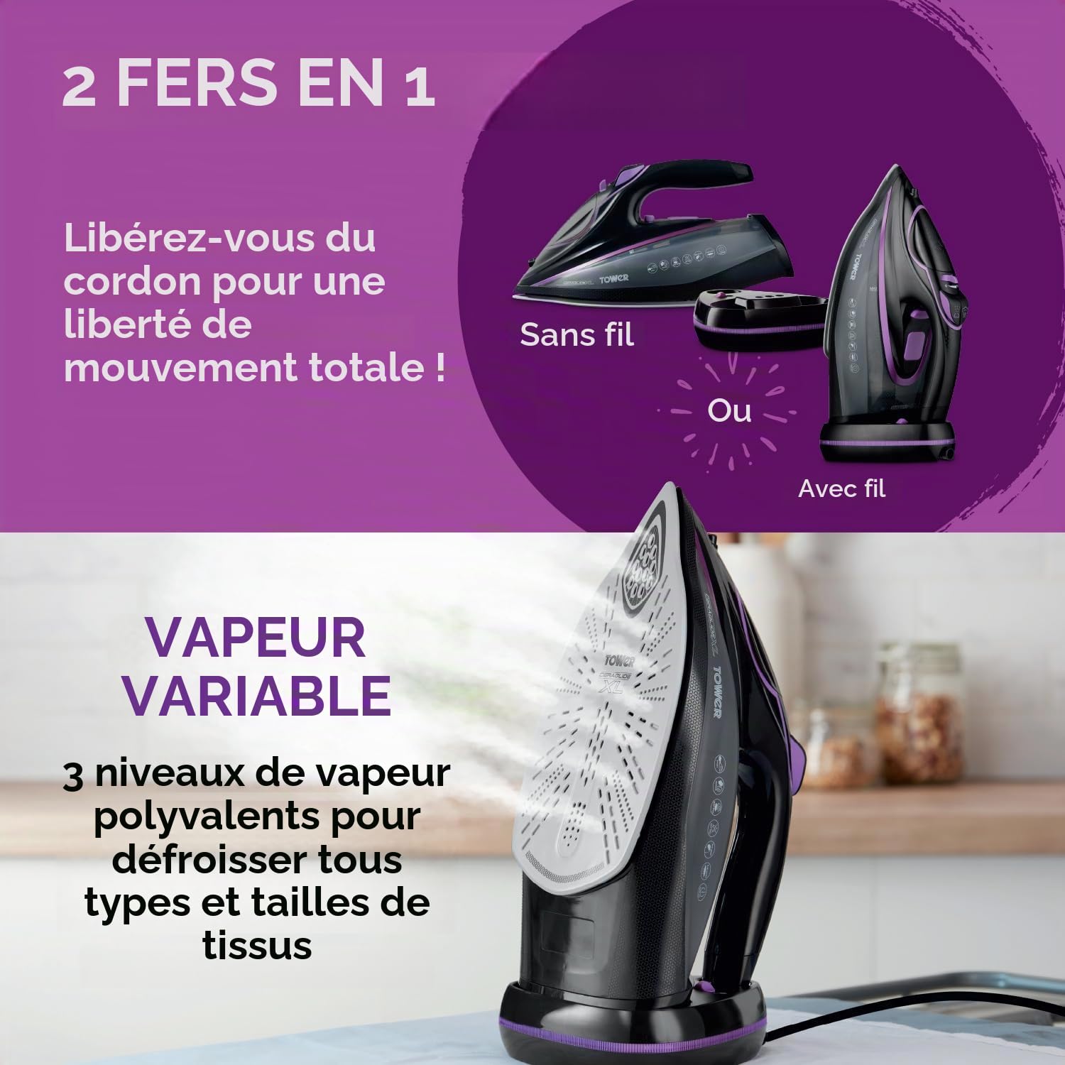 Tower T22036LIL Fer à vapeur sans fil avec technologie One Temp et semelle céramique XL, fonctions anti-goutte et anti-calcaire, réservoir d'eau de 350 ml, 3100 W, lilas et noir