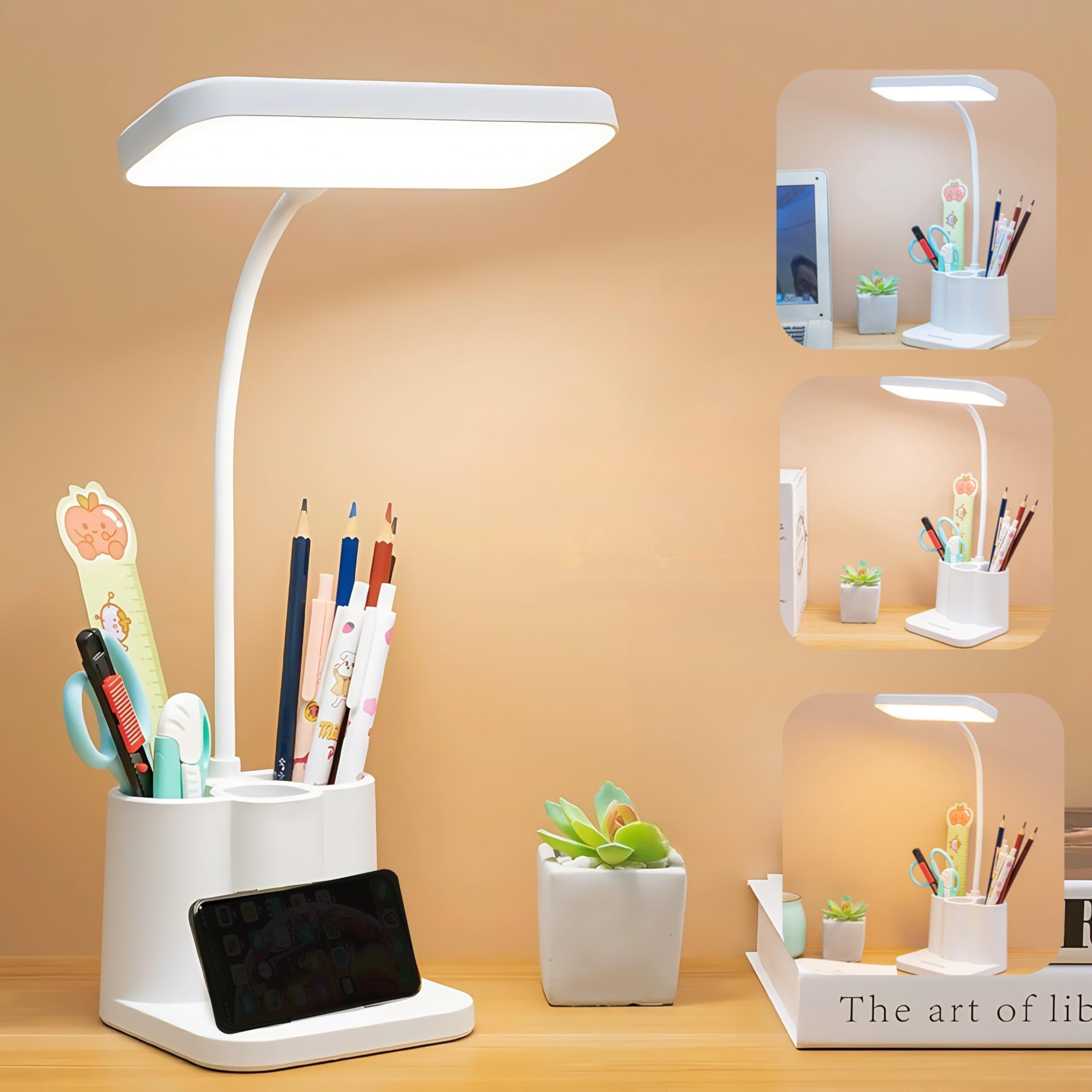 Guangyu Schreibtischlampe Kinder, 4800 mAh Touch LED Schreibtischleuchte mit Stifthalter, 3 Farben&Stufenloses Dimmen,Schwanenhals Leselicht mit USB-Anschluss, für Büro, Schlafzimmer