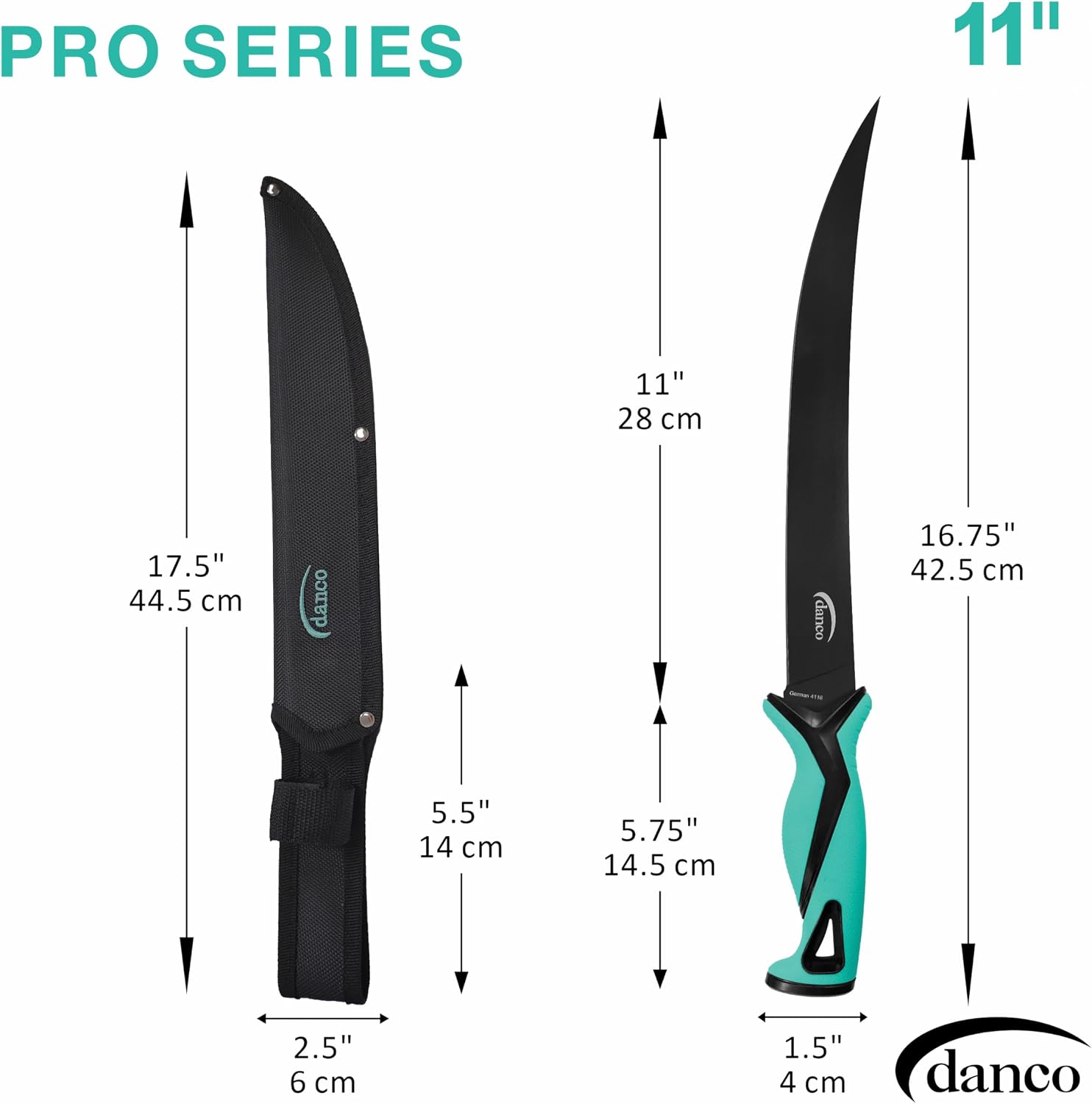 danco Pro Series 11" Boning Knife | Full Tang German G4116 Stainless-Steel Blades with Teflon Coating, Molded Nylon Sheath, Perfect for Saltwater Fishing & Hunting