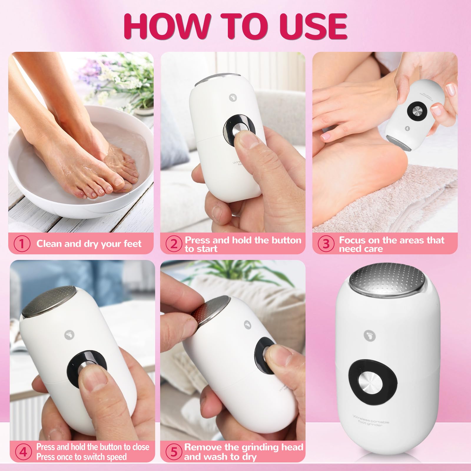 Removedor eléctrico de callos de pies, lima eléctrica blanca con cabezal de molienda de metal desmontable, herramientas de pedicura compactas y portátiles para pies, limpiador profesional de pies para