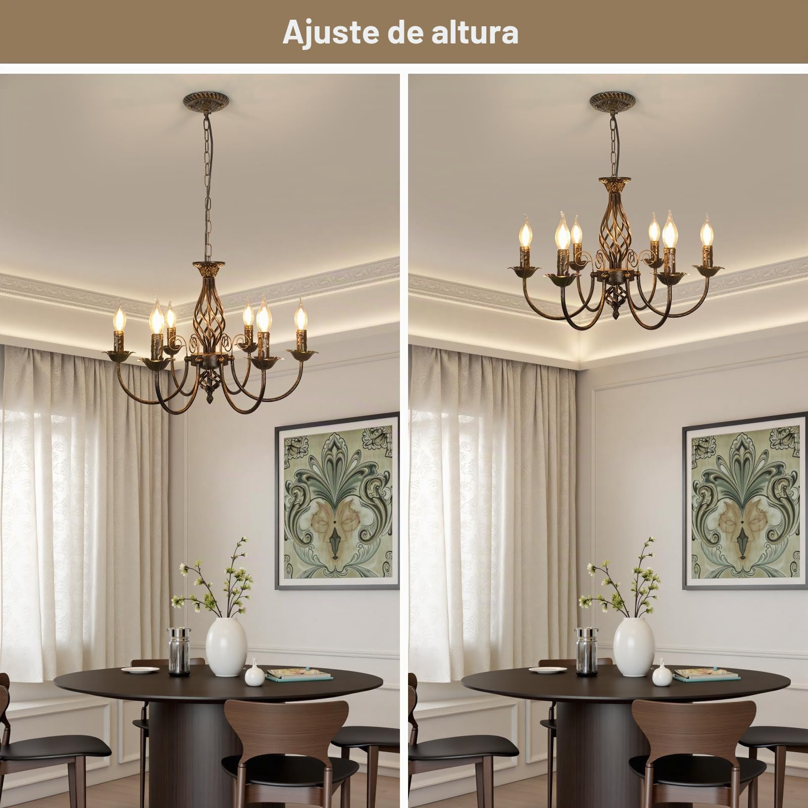 Comely Lampara Araña Rusticas, Ajustable Negro Candelabro 6 Luces E14 Negro | Lampara Colgante Vintage, Lámpara de Techo Rusticas para Cocina, Comedor