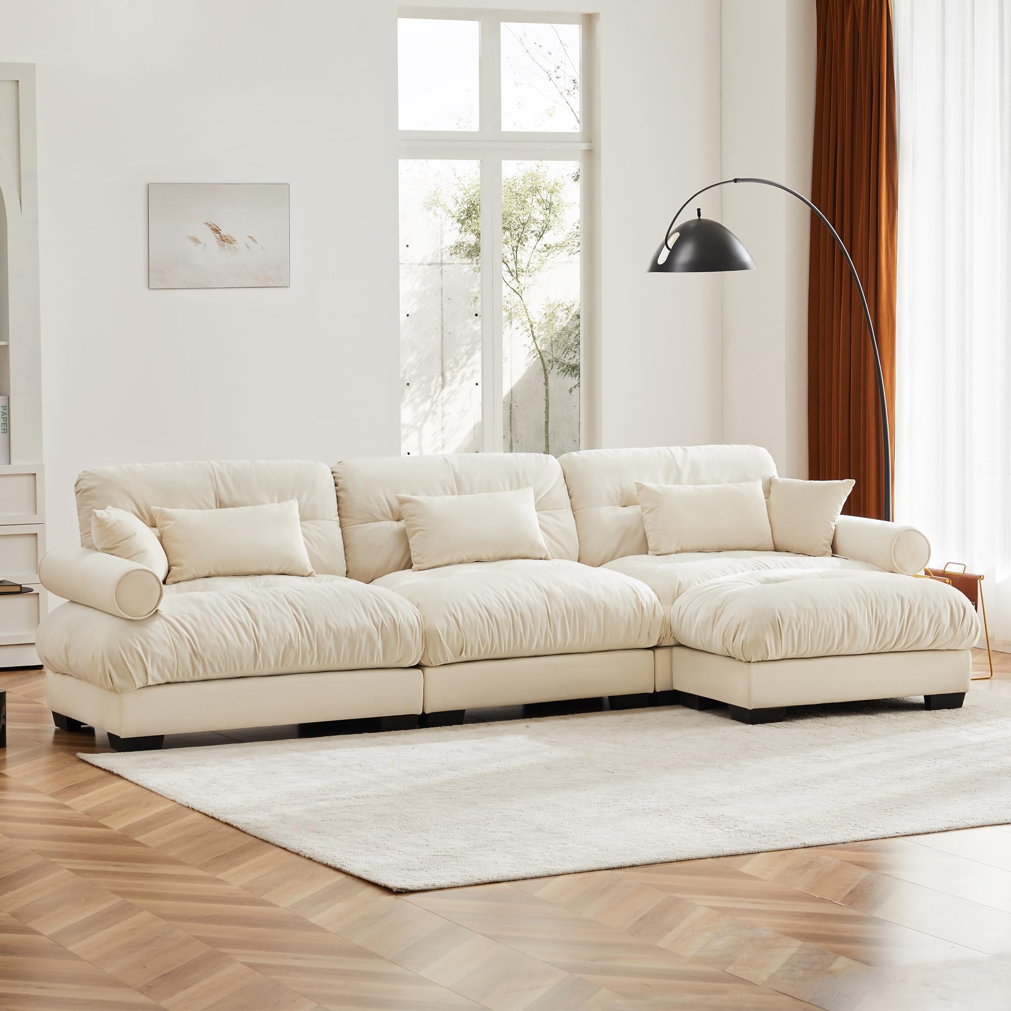 Ball &amp; Cast 130" Oversized Modular Sofa,L Shaped 3-Seater Couch Sectional Couch with Round Bolster Armrests and 5 Pillows,Fluffy Velvet Deap Seat Couches w/Ottoman,for Living Room,Convertible,Cream