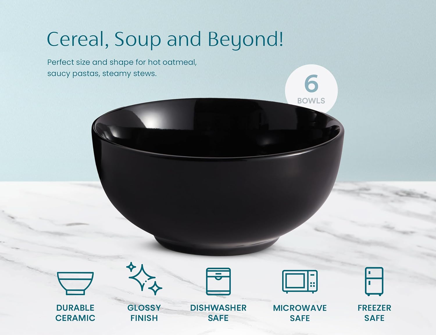 KooK Soup Bowls, Cereal Bowl, Ceramic, Bowls for Kitchen, Microwave, Dishwasher and Freezer Safe, Porcelain Dishes for Pasta, Salad, Oatmeal, Deep Interior, 20 oz, Set of 6, (Black) - Image 7