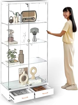 Showcase Full Tempered Glass Display Cabinet, LED Lighting, 13 Color Remote Control, Dimmer, Keys Included, 2 Doors, Large, 4 Tier Storage Shelves & Large Capacity Drawers, Solves Troubles of Storage