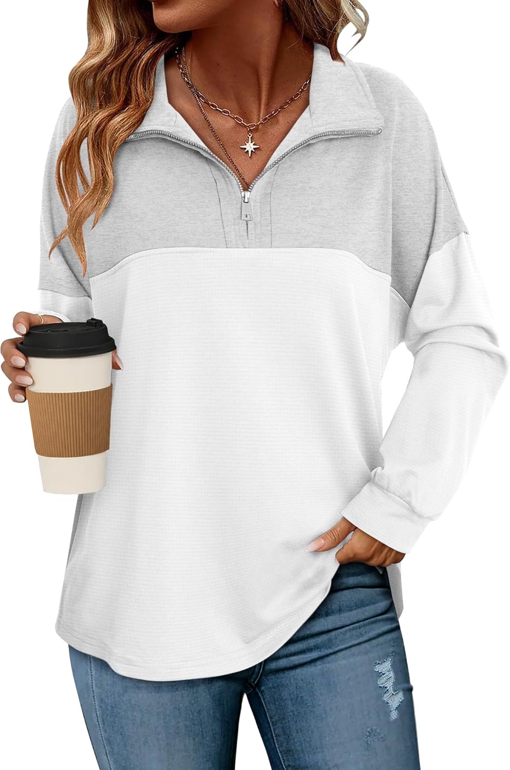 Magritta Womens Sweatshirt Casual Loose Fit Waffle Knit Half Zip Pullover Long Sleeve Lapel Tops - Image 4