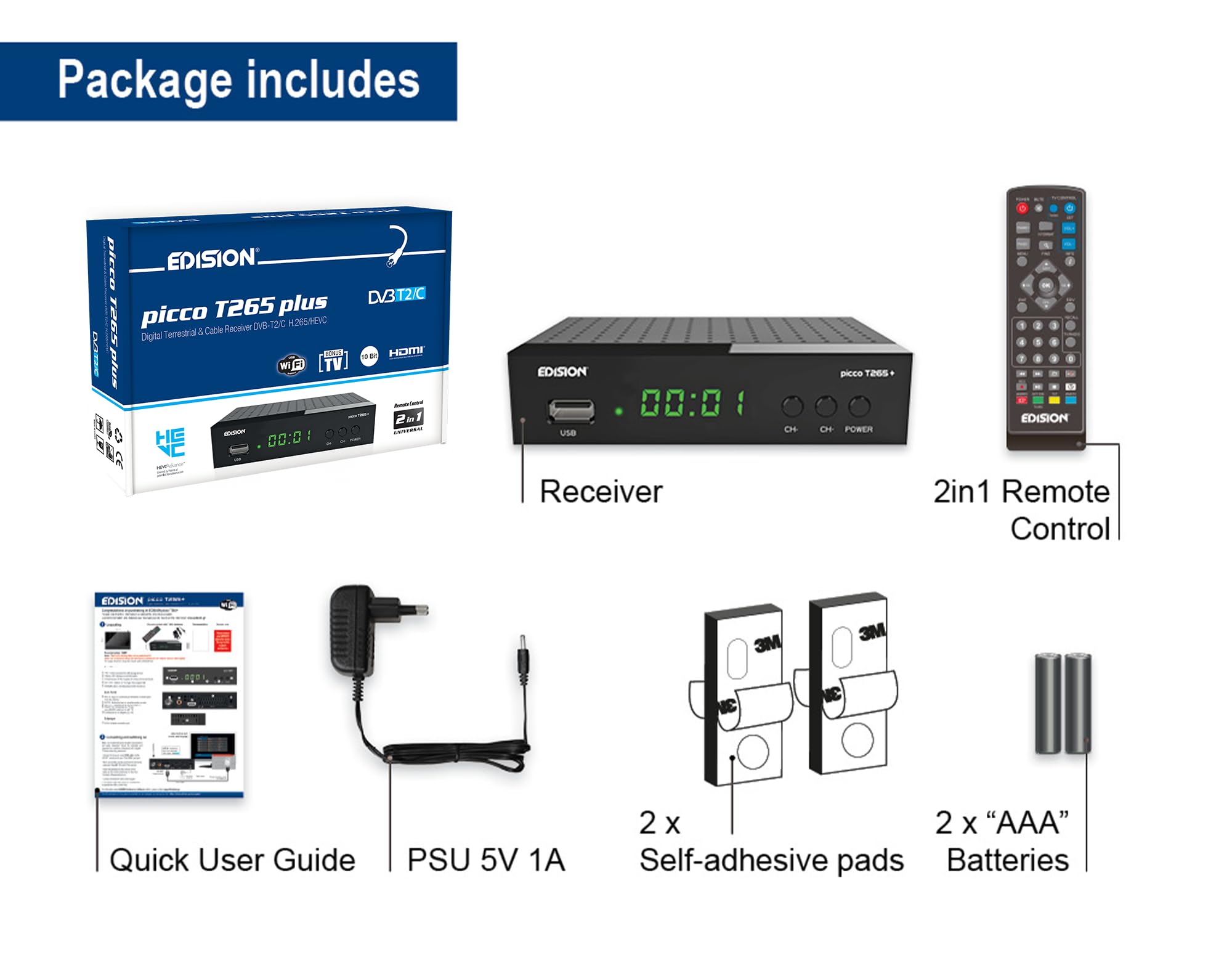 EDISION Picco T265 Plus Récepteur TNT DVBT2 DVBC H.265 HEVC FTA HDMI USB WiFi