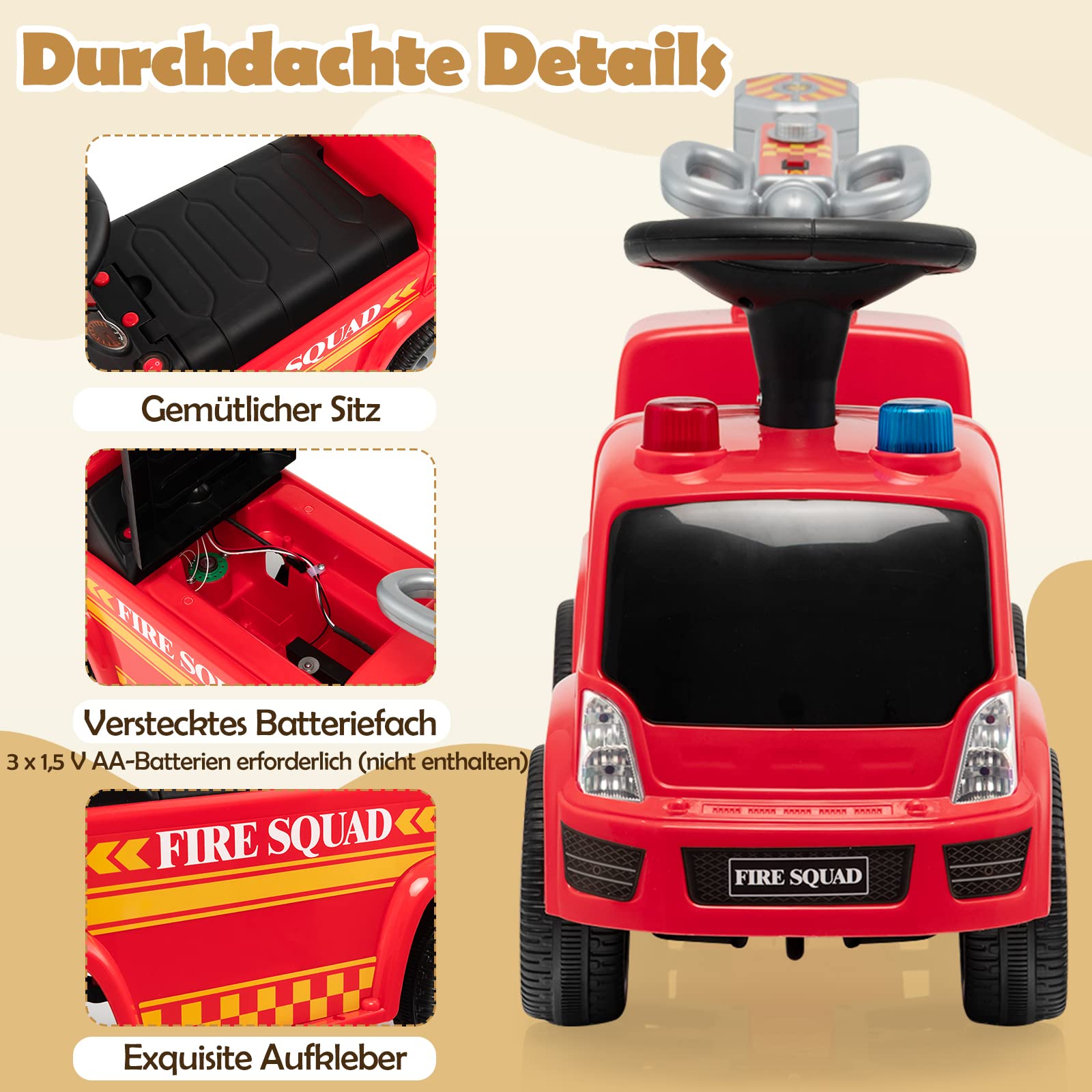 GOPLUS Rutschfahrzeug mit Seifenblasenpistole, Rutschauto mit Sirene & Musik für Jungen & Mädchen, Feuerwehr-Rutschfahrzeug mit Schillernden Lichtern, Kinderfahrzeug für 18-36 Monate, Rot (Modell 1)