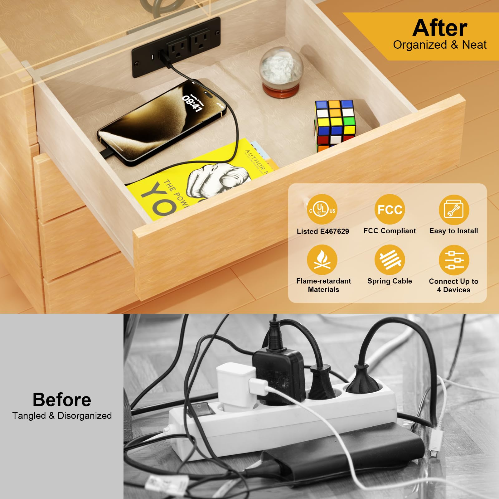 Zestaw gniazd do szuflad, gniazdo podtynkowe z 4 gniazdami, 2 porty AC 12 A, USB-A, USB-C, sprężynowy kabel zasilający 1,2 m, na liście