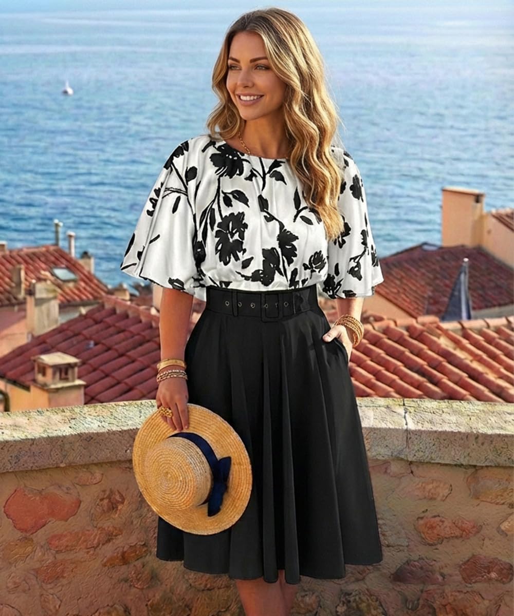 CHICME Women's Summer 2 Piece Outfits Bell Sleeves Floral Crop Top and A Line Midi Skirt Set Dressy Casual Outfits - Image 2