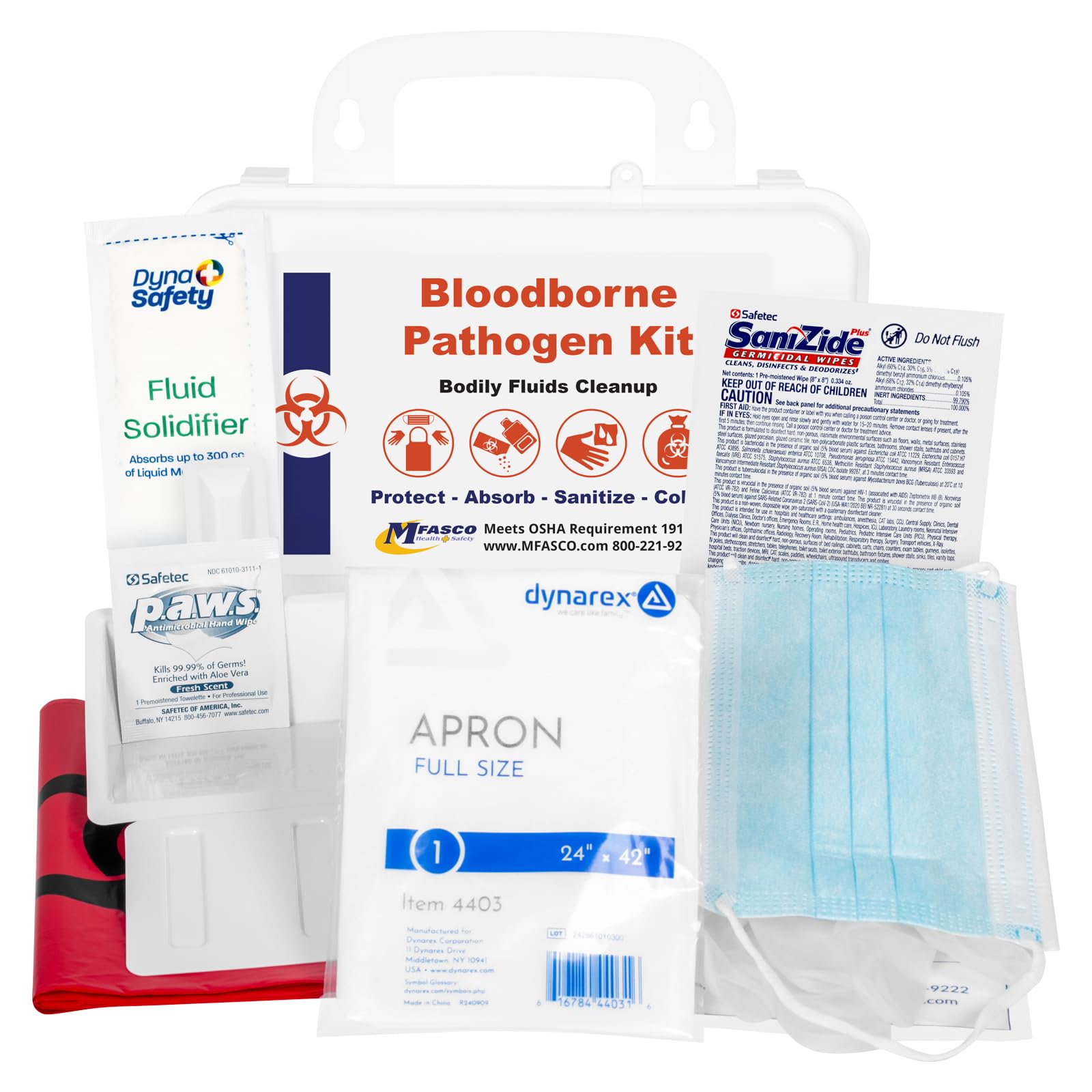 MFASCO Blood Borne Pathogens Clean Up Kit - Wall-Mountable or Portable - OSHA Compliant - Disposable Protection Gear - Bleach-Free Solidifier - Easy Cleanup - Compact Design - Refillable - 9 Pcs