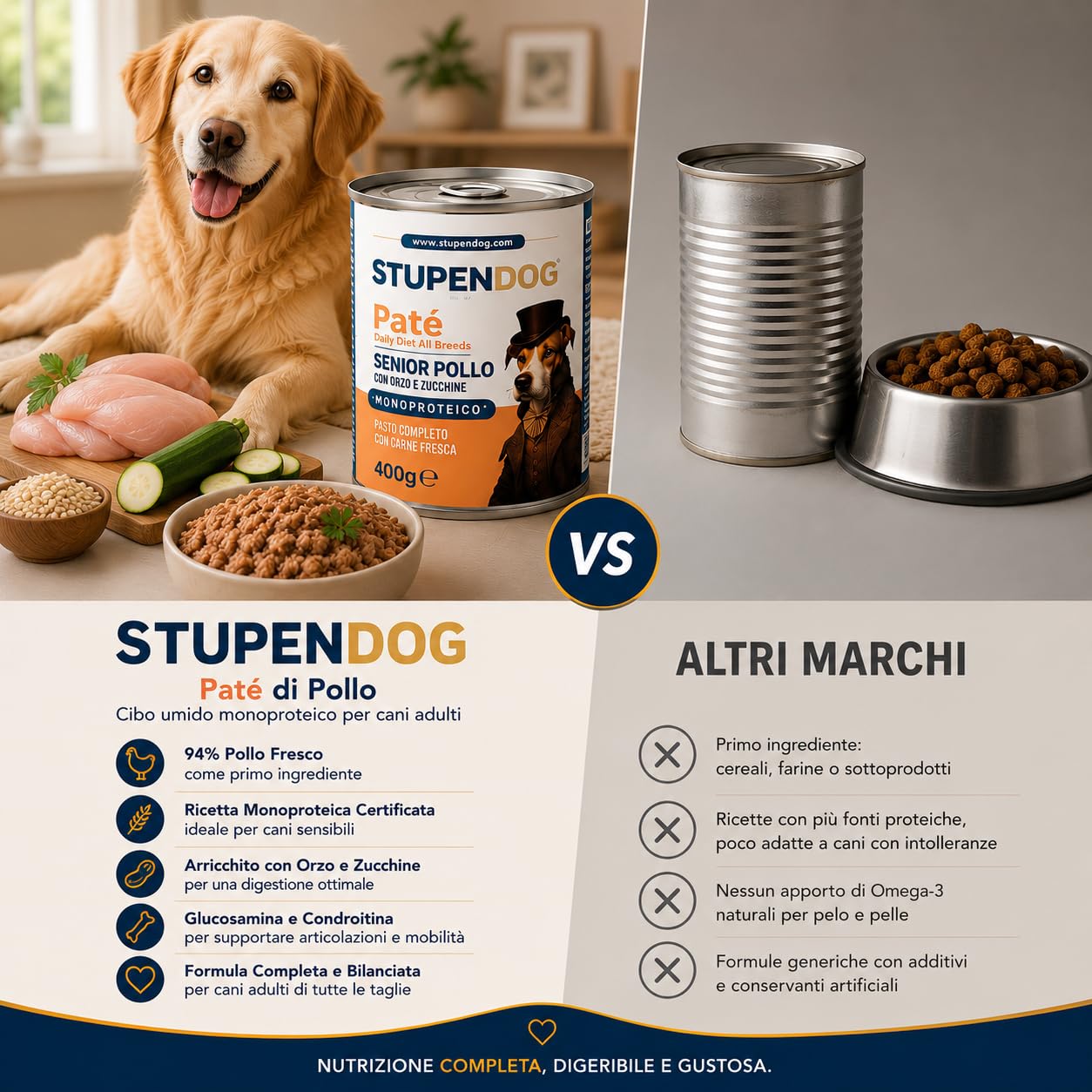 STUPENDOG Pâté senior au poulet avec orge et courgettes – 94% poulet frais, avec glucosamine et chondroïtine – Nourriture humide naturelle pour chiens âgés, sans conservateurs (12x400g)