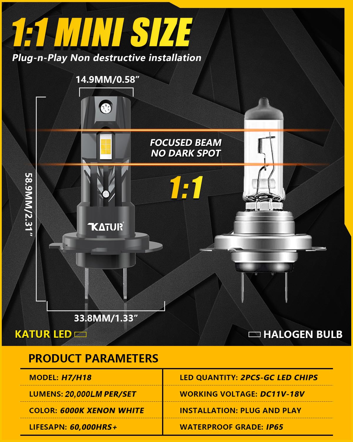 KATUR - Bombilla LED H7 30000LM + 600% luz, 6000 K, color blanco, antierror, extremadamente brillante, 100 W, bombilla H7 LED para coche(paquete de 2)