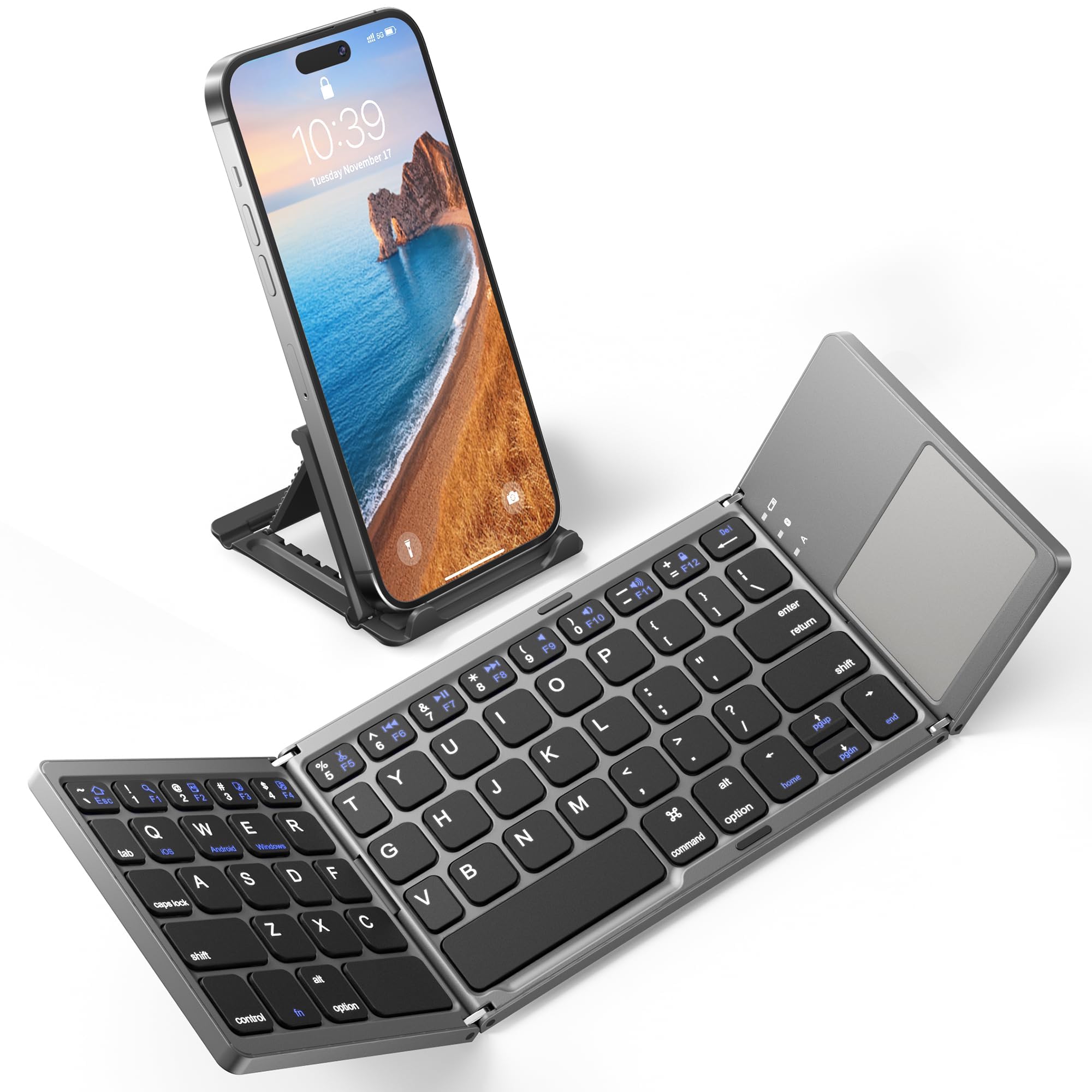 Ultra Thin Mini Bluetooth 3.0 Foldable Keyboard Wireless Folding BT With Touchpad Keyboard compatible with Tablet PC Laptop Mobilephone - Foldable, Black