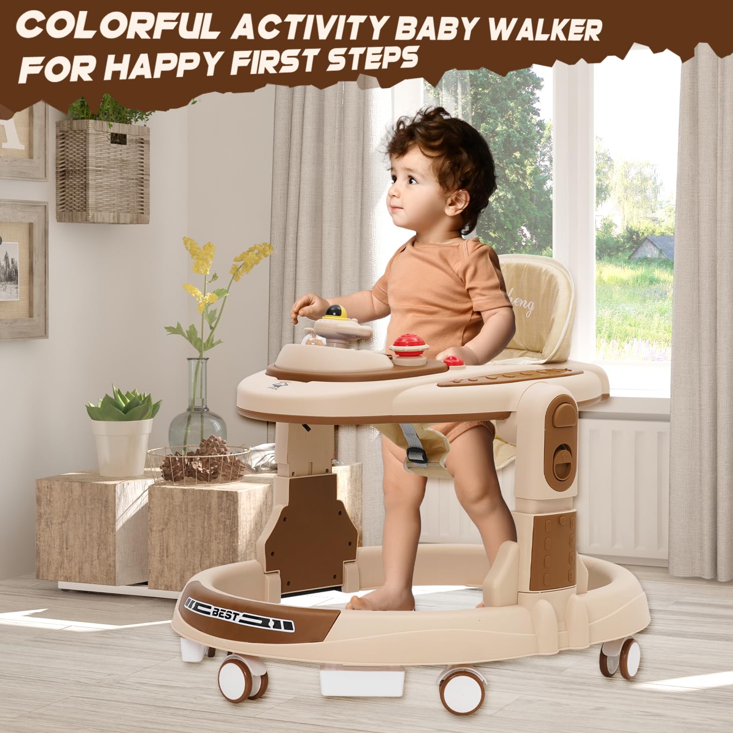 Baby Lauflernhilfe,Baby Walker 4-stufige Höhenverstellbar mit Musikablage und Spielcenter,Lauflernwagen mit Leisen 360°-Laufrädern,Lauflernwagen für Kinder von 9 bis 18 Monaten