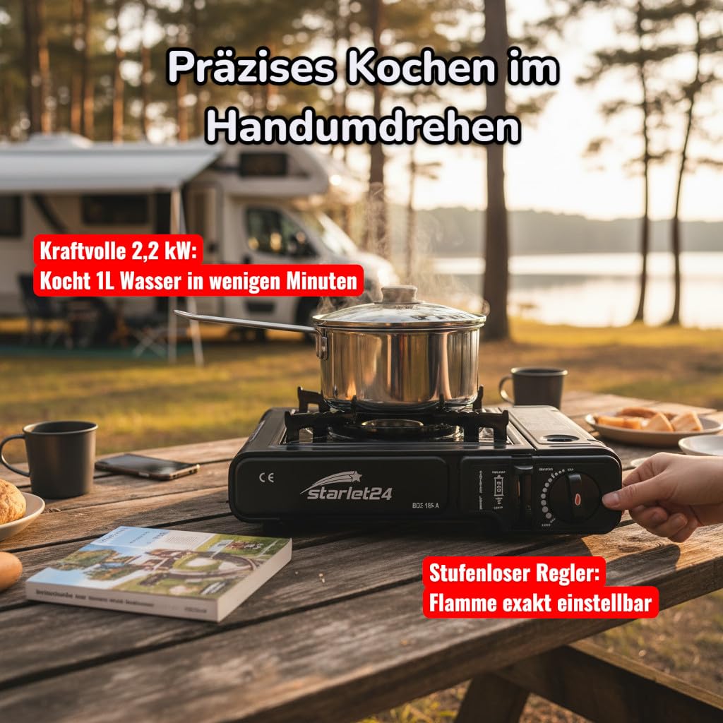 Starlet24® Zestaw kuchenek kempingowych z 12 kartuszami gazowymi i walizką transportową – idealny do aktywności na świeżym powietrzu, takich jak kemping i wędrówki – przenośny i samowystarczalny, bez