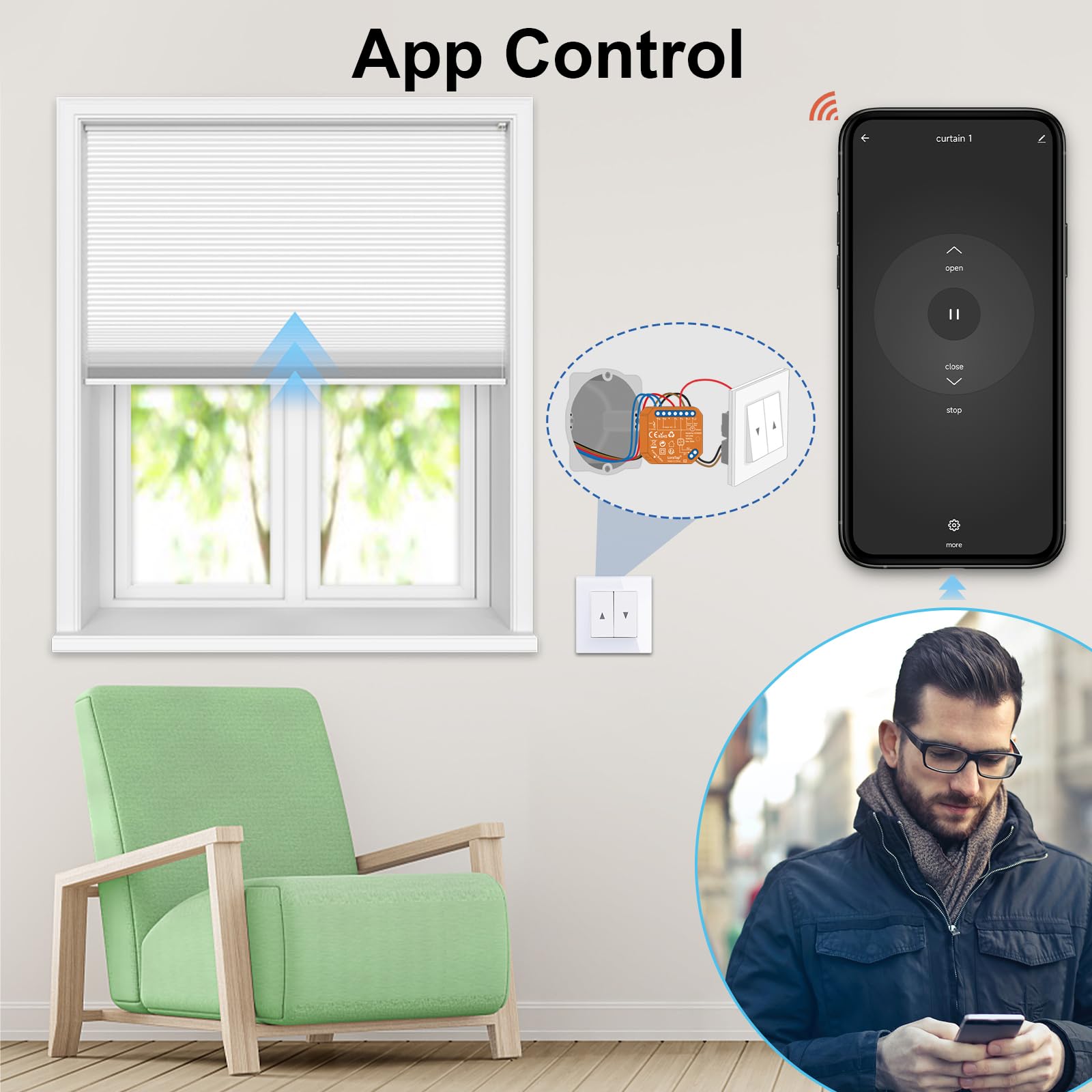 Interruptor De Pared WIFI Para Persianas Inteligentes - Compatible Con Alexa Y Google Home, 86x86 Mm (Blanco)