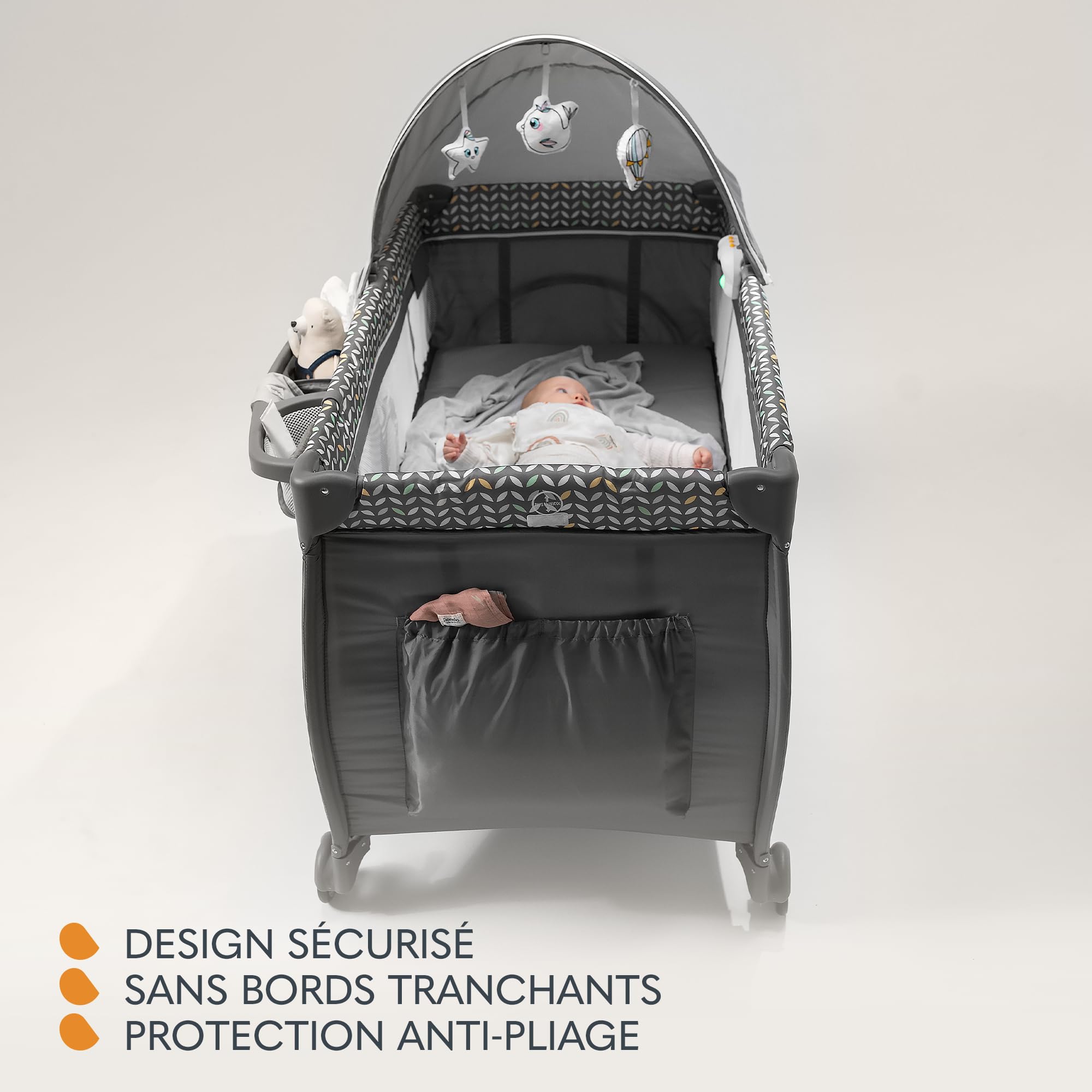 lionelo Sven Plus boîte 2 en 1 lit bébé, Table à Langer, Jouets, baldaquin Suspendu avec moustiquaire, entrée latérale supplémentaire Rouleaux, Mobiles